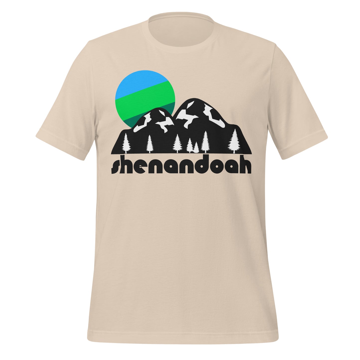A soft cream colored 80s style retro 'shenandoah' t-shirt. Includes the image of multiple black mountain peaks, sprinkled with snow, with multiple pine trees, underneath a bright blue and green sun. References the national park in Virginia, famous for its hiking trails including the Appalachian Trail, and known for the Skyline Drive. 