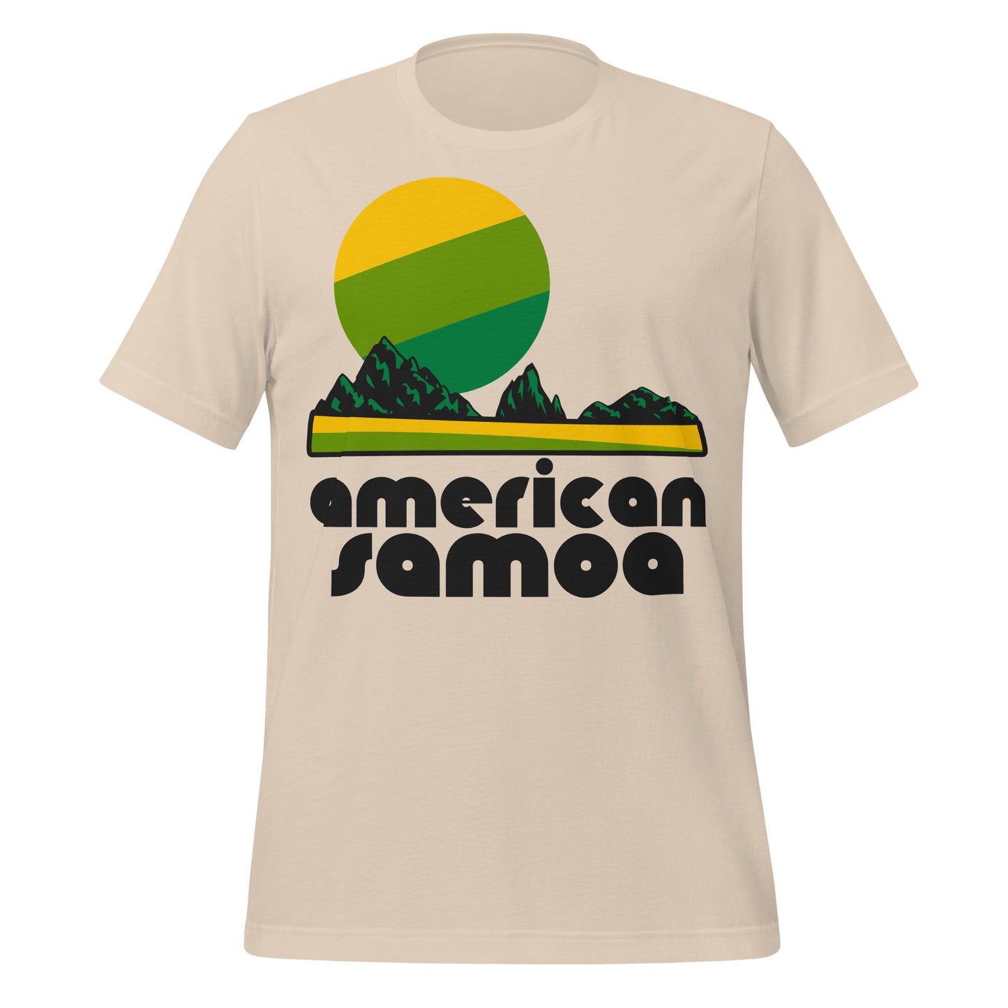 A soft cream colored "American Samoa" short sleeved retro t-shirt with the image of a yellow sand beach, mountains covered in green rainforest trees, and a striped yellow, forest green, and light green circular sun. American Samoa is a US territory located in the Pacific, popular for WWII sites, the Marine Sanctuary, the National Park of American Samoa, beautiful beaches, and coral reefs. 