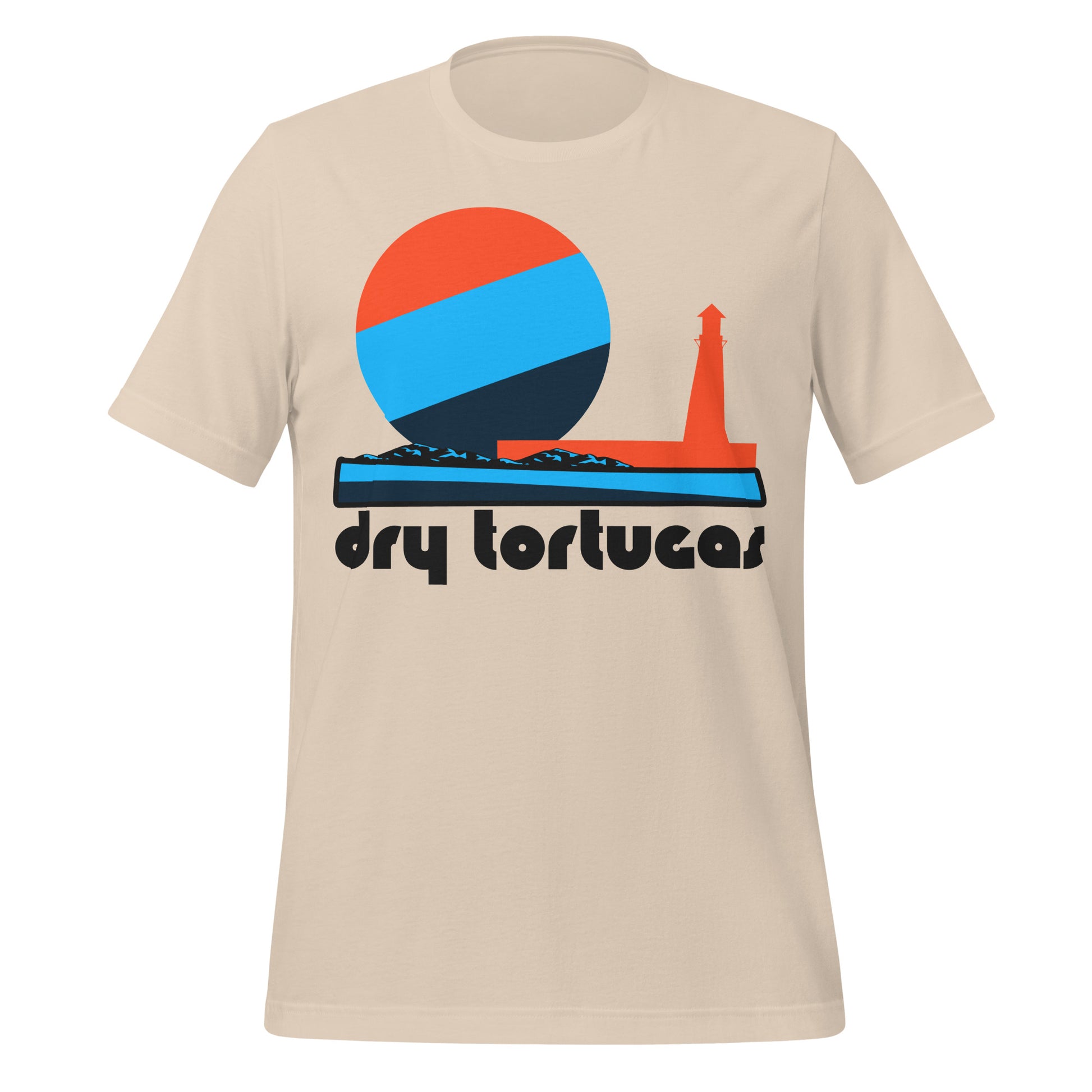 A soft cream colored 70s style retro "Dry Tortugas" t-shirt that includes the image of a watery landscape in blues and navys, and a bright red lighthouse looking out over a striped sun. References Florida's Dry Tortugas National Park near Key West, named for the sea turtles in the area, home to Fort Jefferson, stunningly bright blue waters, and coral reefs. 