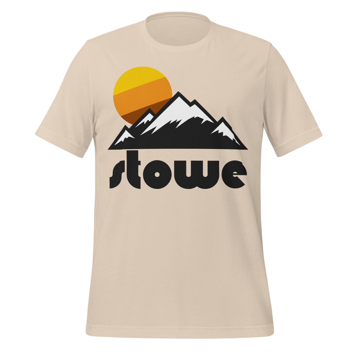 An 80s style, souvenir soft cream colored "stowe" t-shirt, in reference to Stowe Mountain Resort of Mount Mansfield and Spruce Peak, two of Vermont's most famous mountains, known for its incredible ski and snowboard trails. Image of snow covered mountain peaks and a yellow/orange/brown striped sun. 