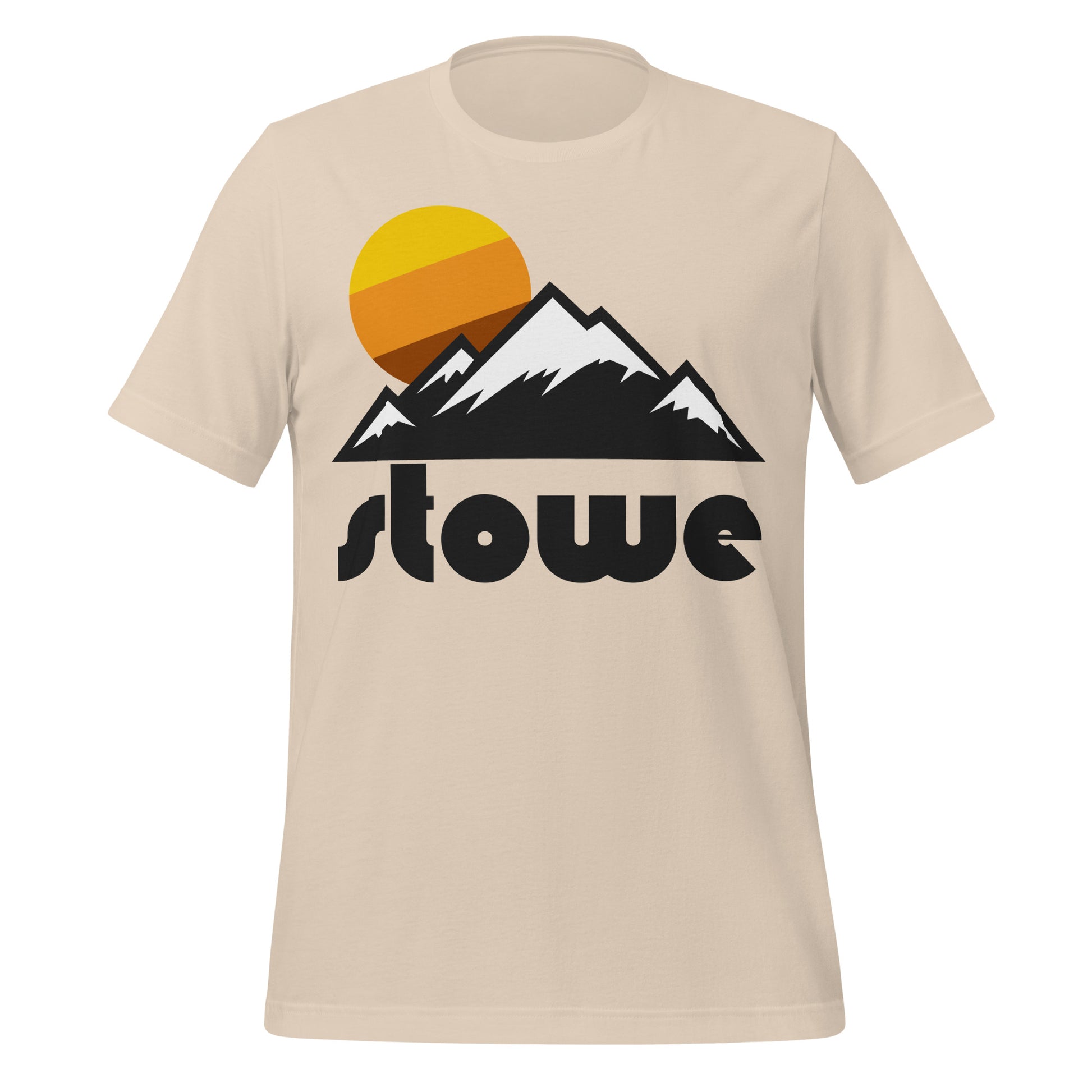 An 80s style, souvenir soft cream colored "stowe" t-shirt, in reference to Stowe Mountain Resort of Mount Mansfield and Spruce Peak, two of Vermont's most famous mountains, known for its incredible ski and snowboard trails. Image of snow covered mountain peaks and a yellow/orange/brown striped sun. 