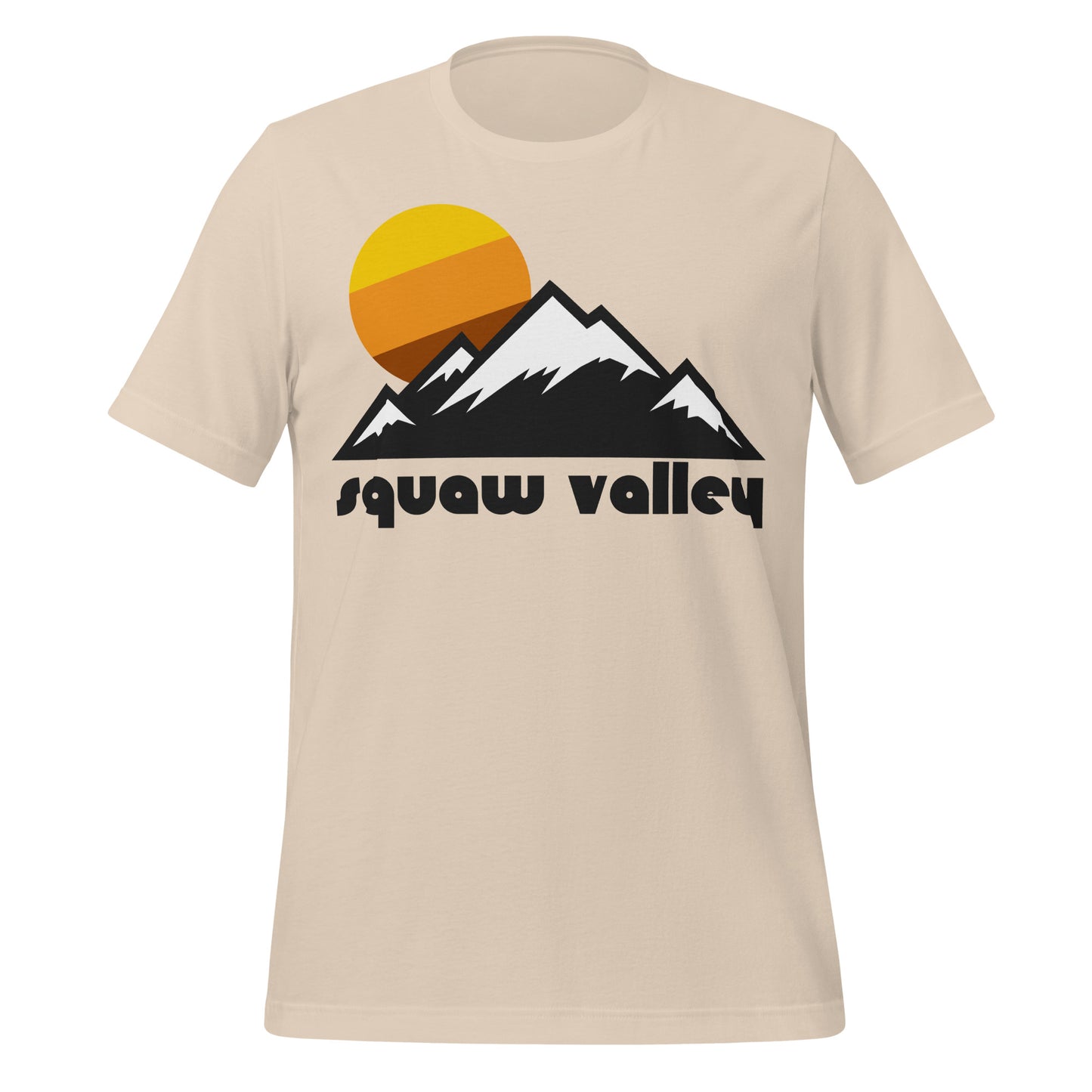 A soft cream colored "Squaw Valley" retro, 80s style t-shirt with mountain images and a sun rising behind. References the area used in the 1960s Winter Olympics now known as Palisades Tahoe on the shores of Lake Tahoe in the Sierra Nevada Mountains of California, one of the most famous skiing resort sites in the entire US. 