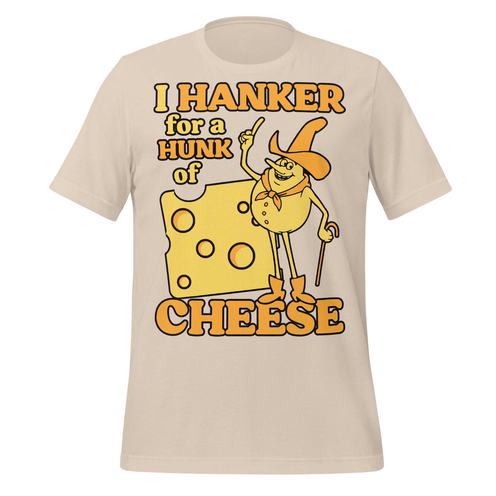 A retro soft cream t-shirt for tourists that says "I hanker for a hunk of cheese" with an image of swiss cheese with holes and the character Timer with a cane, hat, and boots. From the ABC After School Special TV series and public service announcements. 