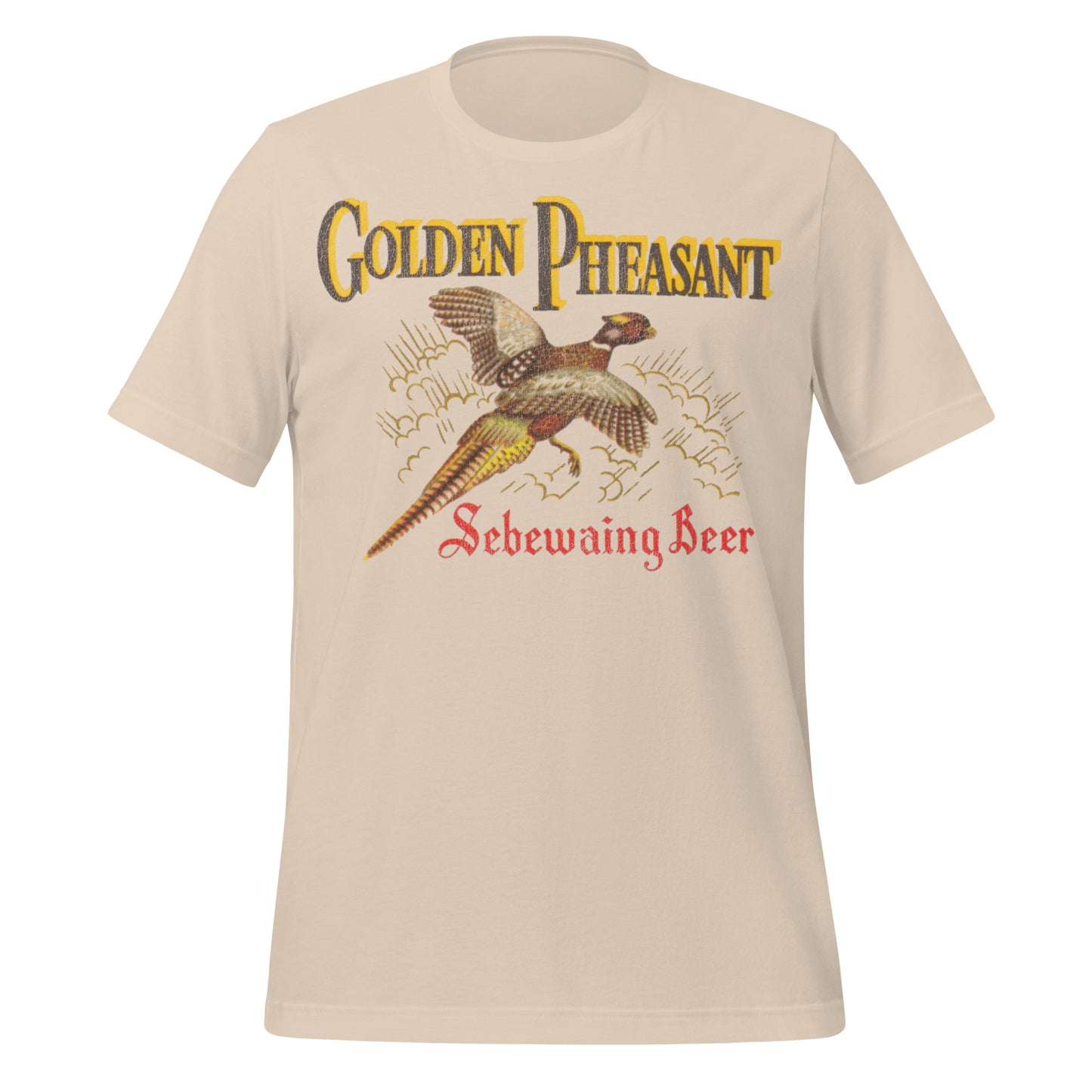 A soft cream retro t-shirt that says "Golden Phaesant Sebewaing Beer" referencing the brewing company from Michigan. Image of retro golden pheasant logo. 