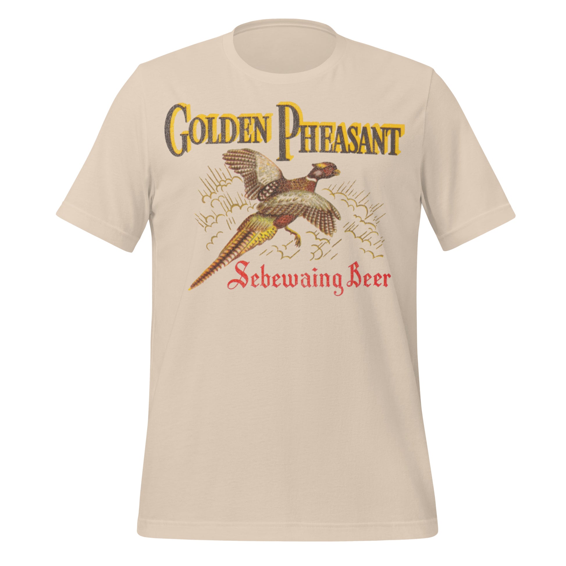 A soft cream retro t-shirt that says "Golden Phaesant Sebewaing Beer" referencing the brewing company from Michigan. Image of retro golden pheasant logo. 
