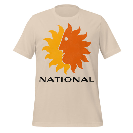 A 70s style retro soft cream t-shirt that says "national" in black letters with the National Airlines "Sun King" logo with a stylized yellow and orange sun including a face. 