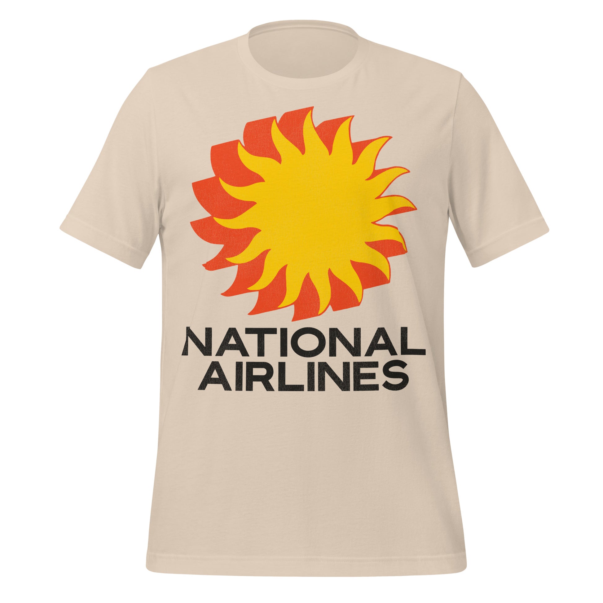 A retro 70s style soft cream t-shirt with the National Airlines logo of an orange and yellow sunburst. 