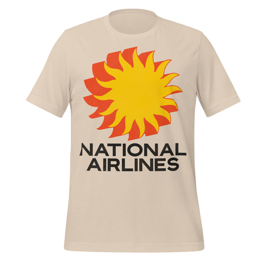 A retro 70s style soft cream t-shirt with the National Airlines logo of an orange and yellow sunburst. 