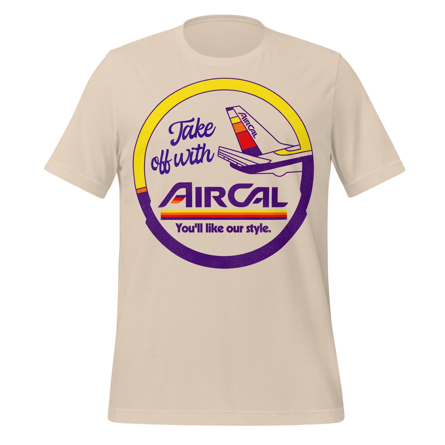A vintage soft cream short sleeve t-shirt with Air Cal's logo and the words "Take off with AirCal" and "You'll like our style." Has an Air California plane with the striped colorful logo on the tail fin. 