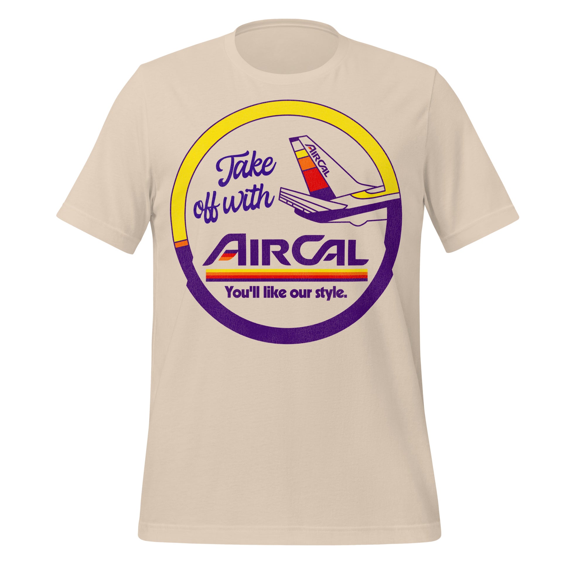 A vintage soft cream short sleeve t-shirt with Air Cal's logo and the words "Take off with AirCal" and "You'll like our style." Has an Air California plane with the striped colorful logo on the tail fin. 