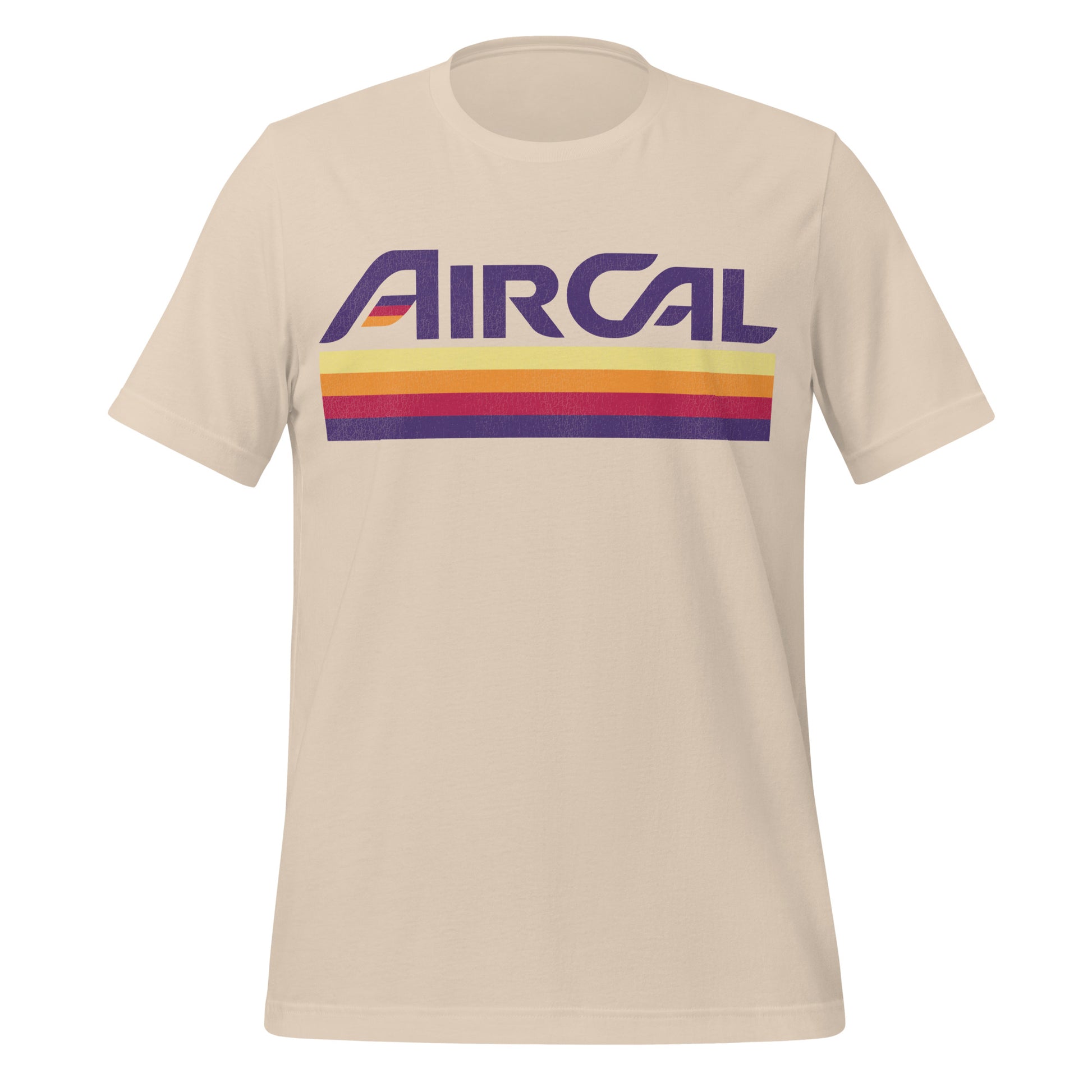 A short sleeved vintage soft cream t-shirt that says "AirCal" referring to the now defunct airline from California from the 60s-80s. Has yellow, orange, red, and purple stripes. 