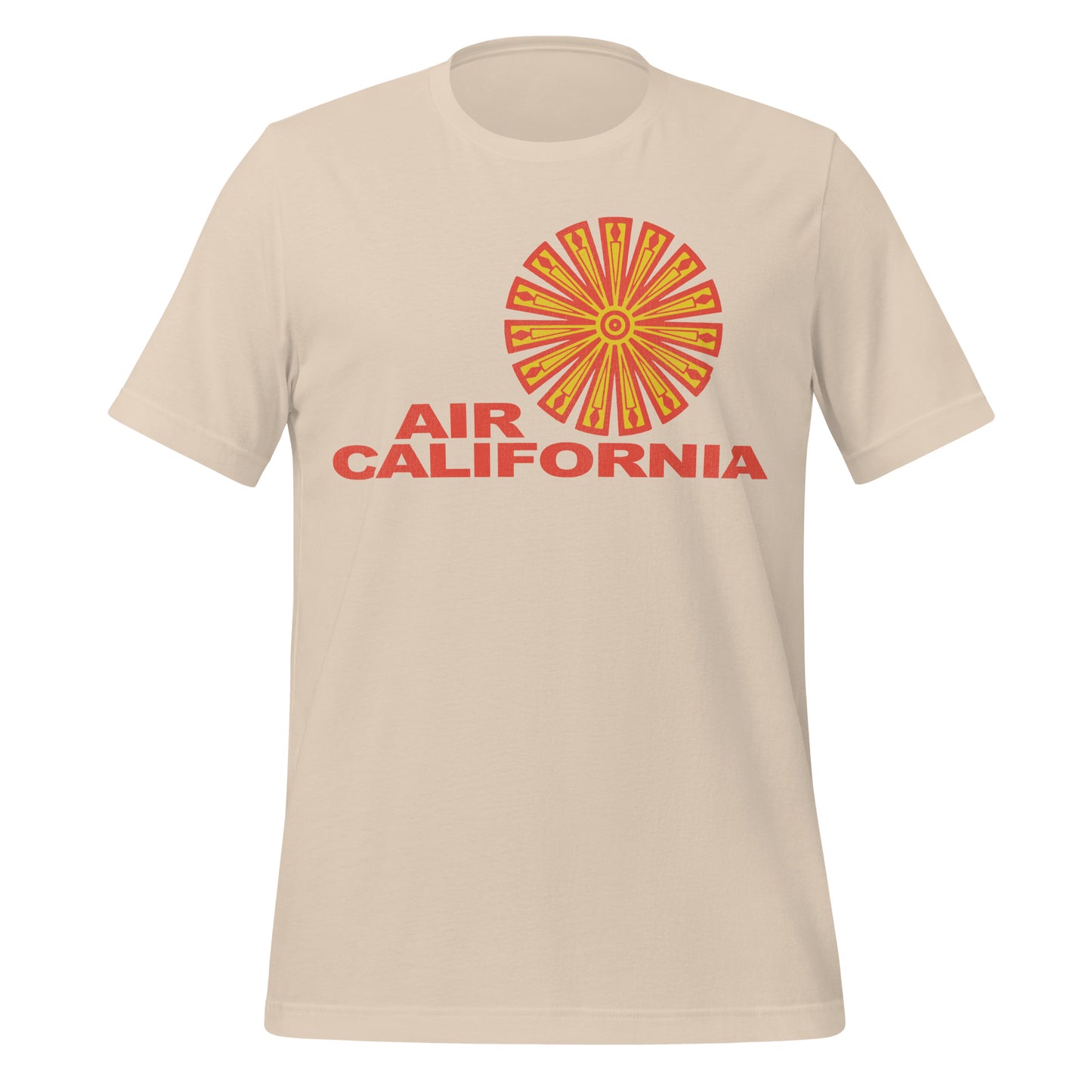 A 70s style vintage soft cream t-shirt that says Air California with the airline's circular yellow spiky logo outlined in orange. 
