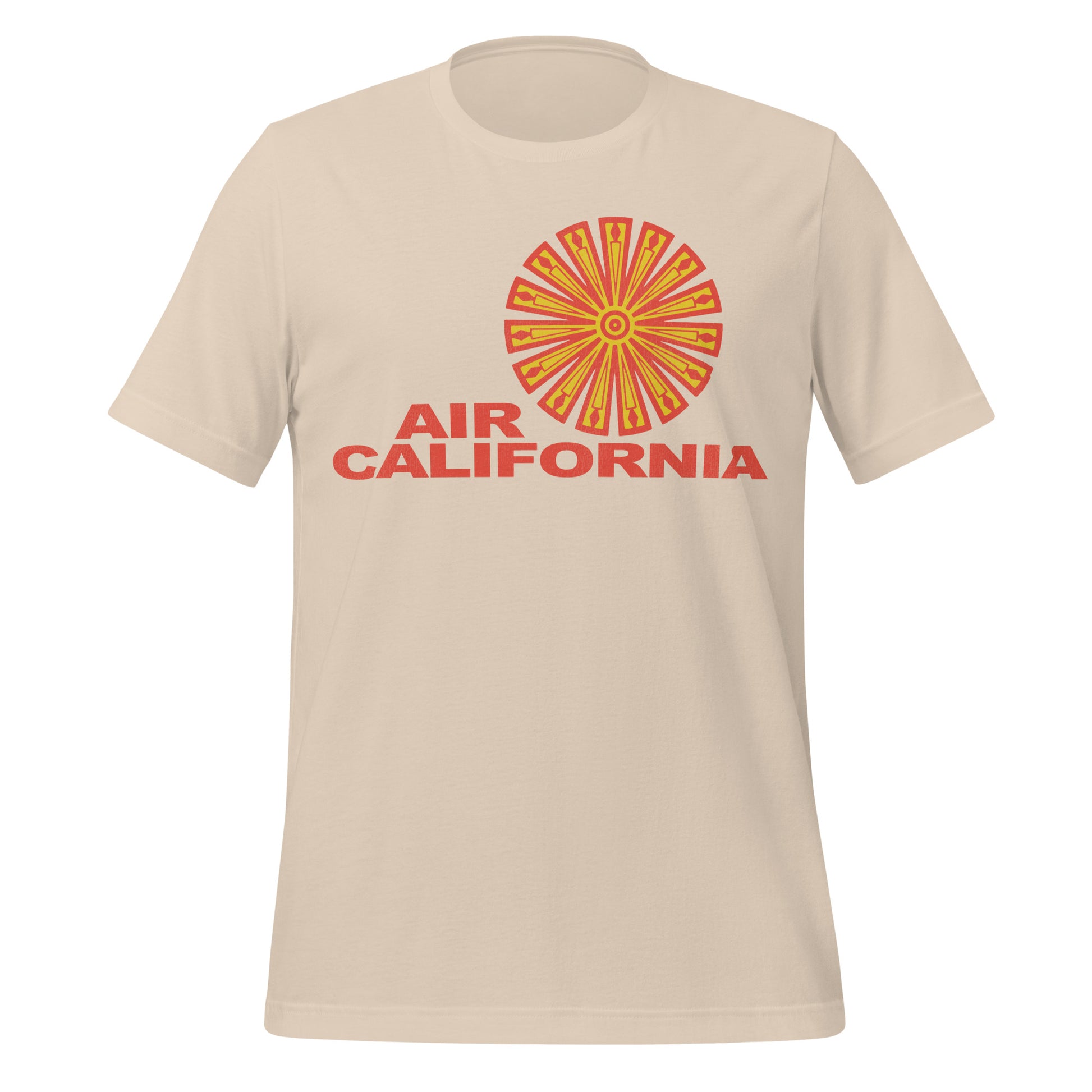 A 70s style vintage soft cream t-shirt that says Air California with the airline's circular yellow spiky logo outlined in orange. 