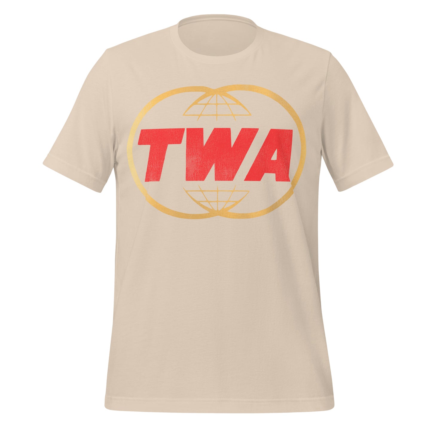 A soft cream colored vintage t-shirt with red block letters "TWA", Trans World Airlines, and two overlapping golden globes. 