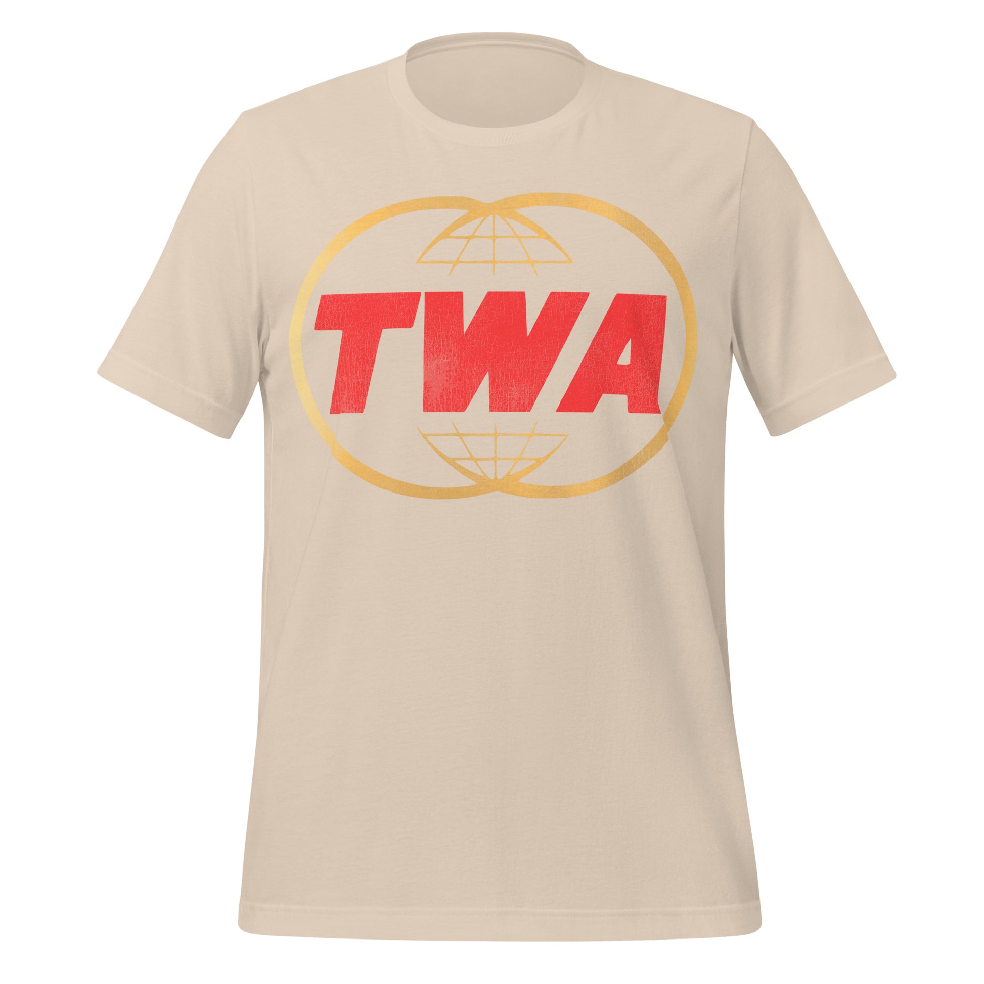 A soft cream colored vintage t-shirt with red block letters "TWA", Trans World Airlines, and two overlapping golden globes. 