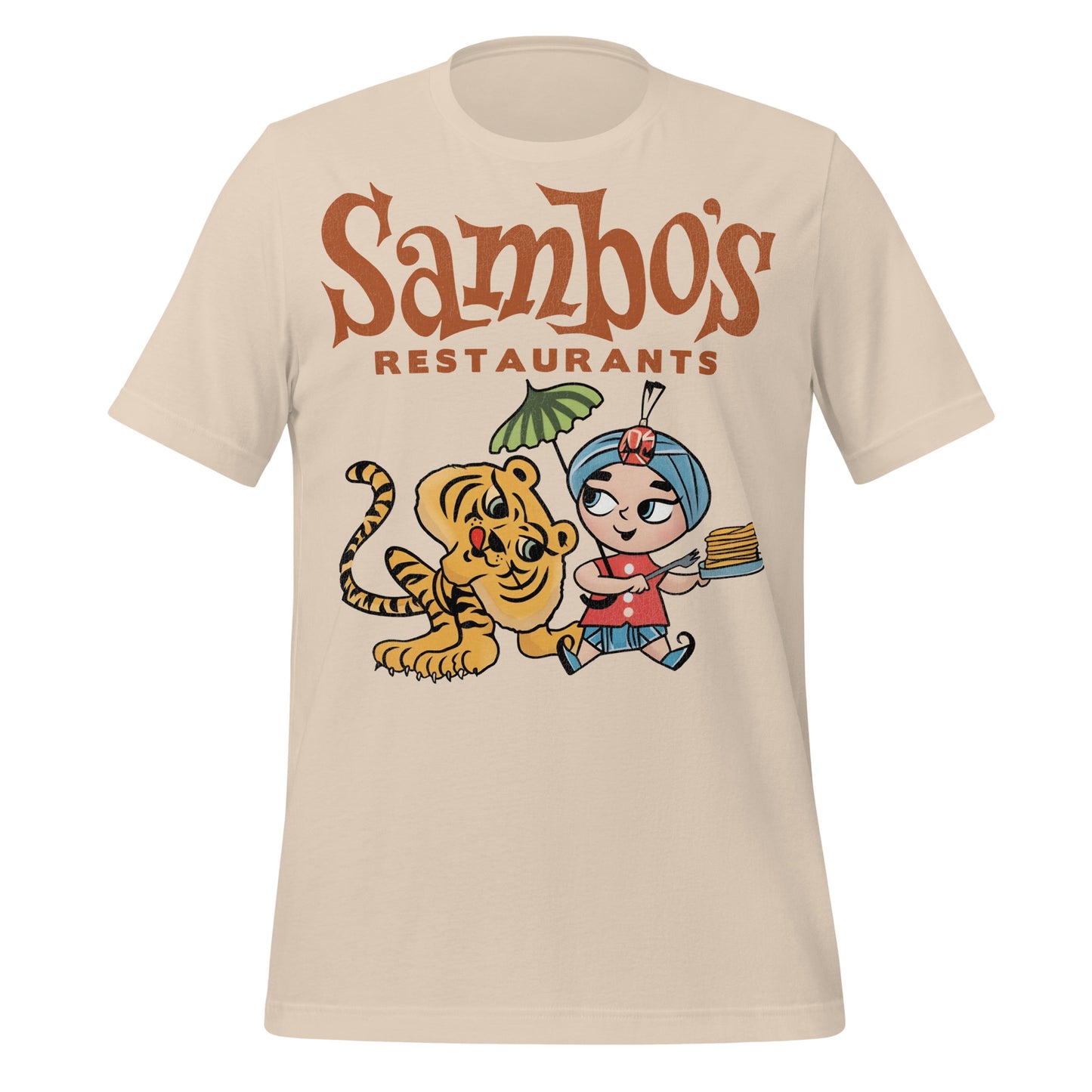 A retro sand colored t-shirt that reads "Sambo's Restaurants" that has the image of a child in a blue turban and blue shoes eating a plate of pancakes with a companion tiger. 