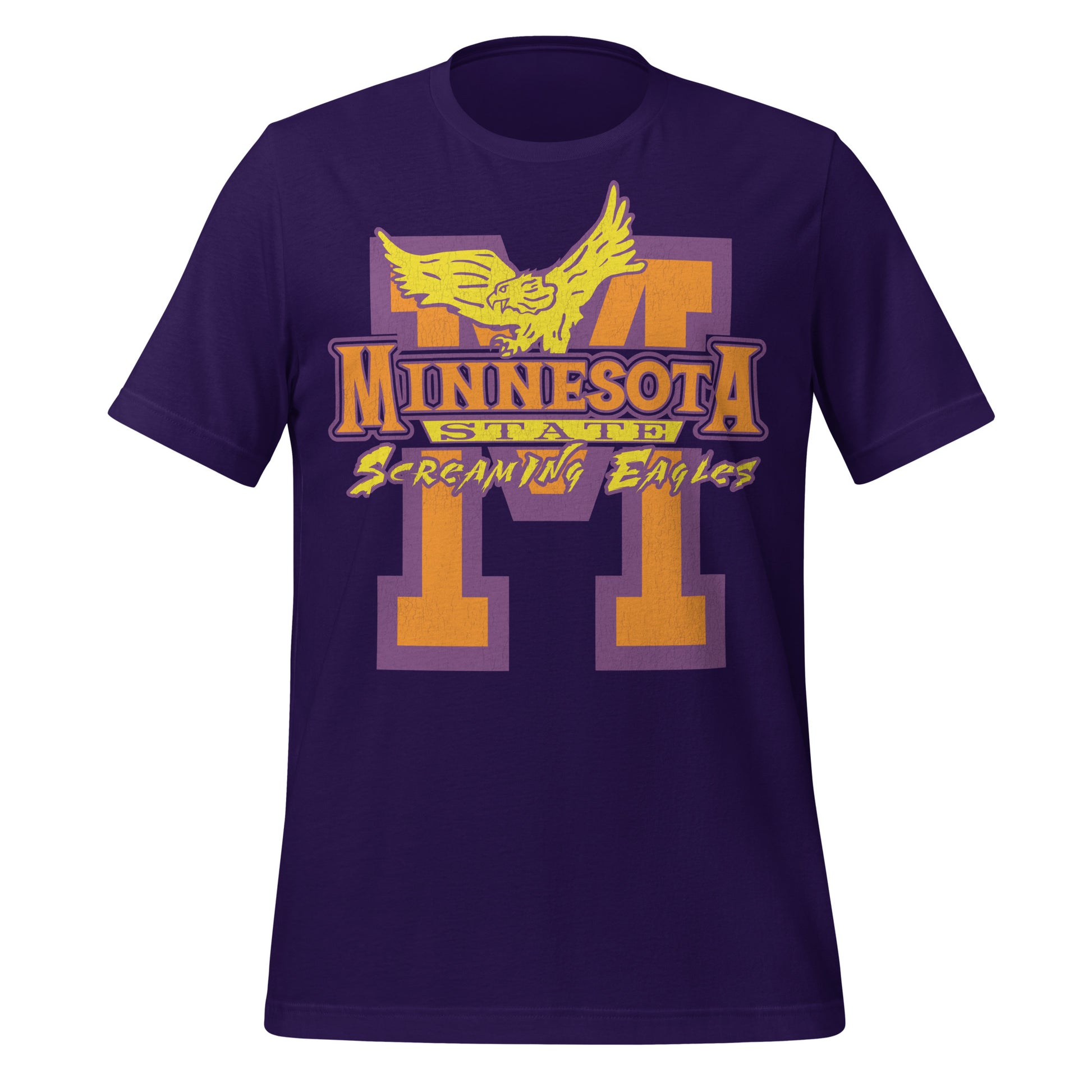 A purple retro Minnesota State Screaming Eagles t-shirt that has a big orange and purple "M" and a yellow eagle. 