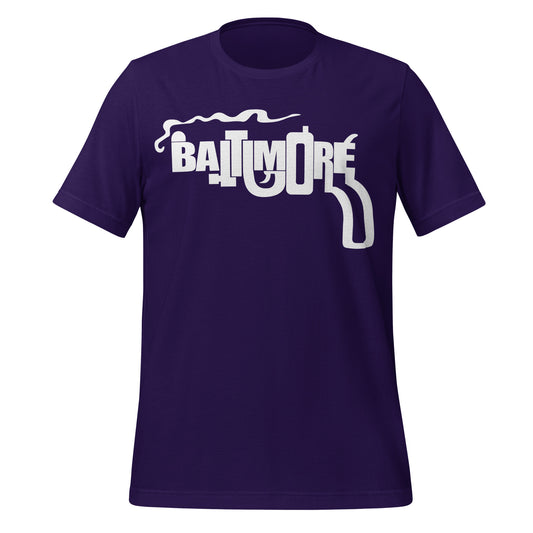 A vintage retro purple t-shirt that says Baltimore with interesting shapes included in the letters. Baltimore Ravens color of purple. 
