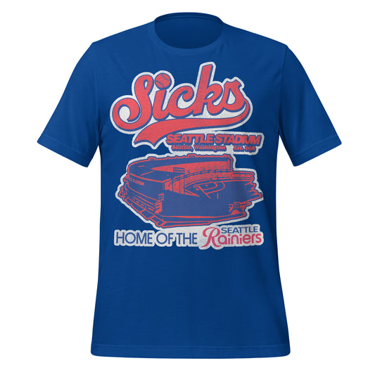A royal blue vintage Sick's Stadium t-shirt saying "Sicks Seattle Stadium", an image of a baseball in the letters, "Seattle, Washington" and "Est. 1938" and "Home of the Seattle Rainiers", referencing the baseball team which played there from 1938-1968. Includes an image of the baseball stadium in blue and red, colors of the Rainiers. 