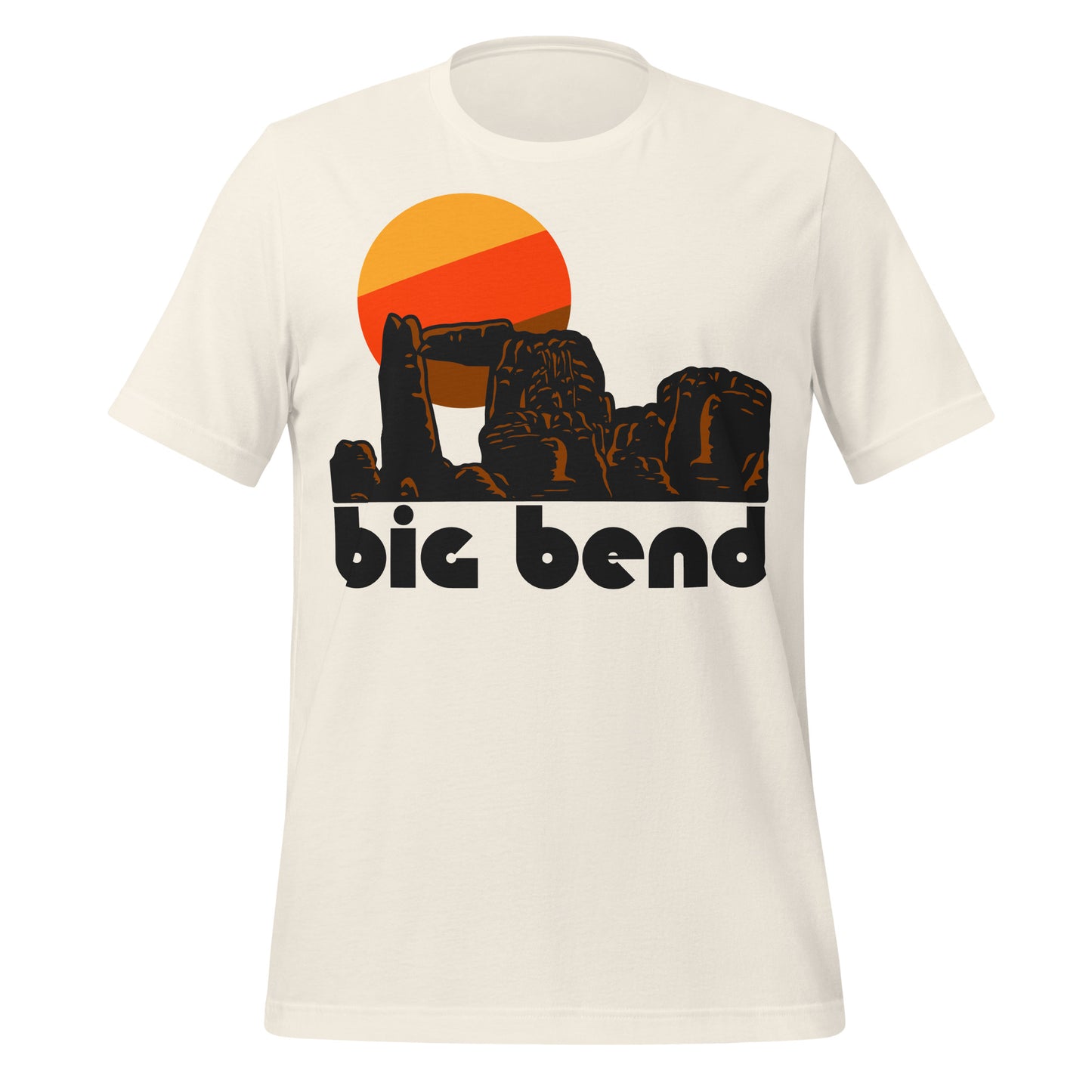 A retro, 80s style vintage white colored t-shirt that says "Big Bend" next to the graphic of multiple red rock hills and spires, the background a large, circular multicolored sun setting. References West Texas's famous Big Bend National Park which protects much of the Chihuahuan Desert and is named after the Rio Grande and includes the Chisos Mountains, sea fossils and dinosaur bones, and volcanic rocks. 
