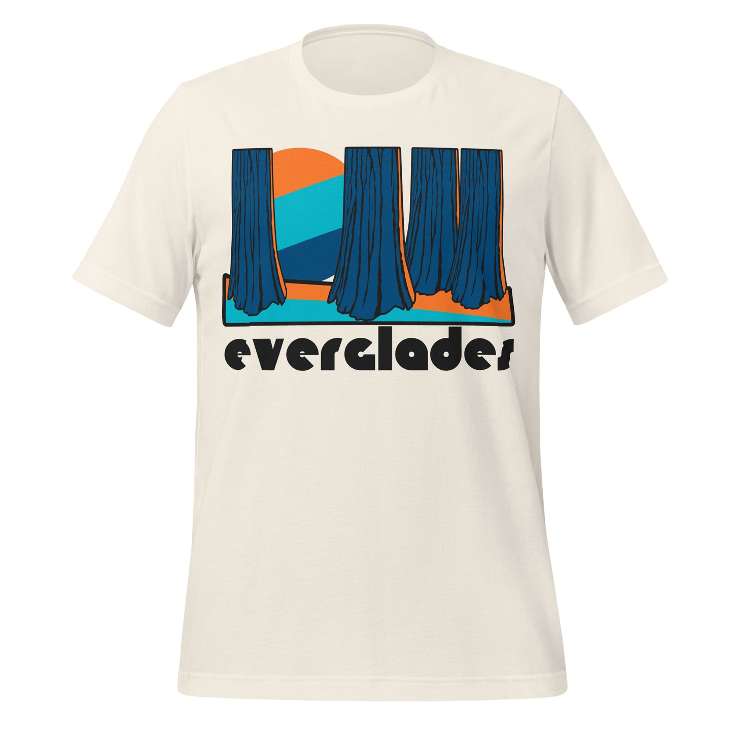 A vintage white colored souvenir Everglades t-shirt with the image of a swamp and trees, an orange, aqua, and dark blue sun shining through, referencing  Everglades National Park in Florida, which has the largest mangrove ecosystem in the western hemisphere and includes stunning sites such as Lake Okeechobee. 