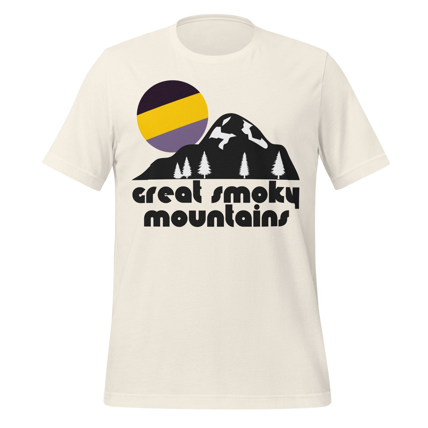 A retro, 70s style Great Smoky Mountains souvenir t-shirt in the color vintage white. Includes the image of a mountain and forest landscape, completed by a stylized yellow/purple sun setting. In reference to Great Smoky Mountains National Park which includes the Great Smoky Mountains, Blue Ridge Mountains, and part of the Appalachians, and contains many of the "Southern Sixers" and beautiful coves like Cades Cove. 