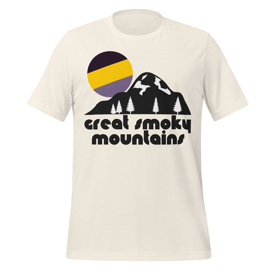 A retro, 70s style Great Smoky Mountains souvenir t-shirt in the color vintage white. Includes the image of a mountain and forest landscape, completed by a stylized yellow/purple sun setting. In reference to Great Smoky Mountains National Park which includes the Great Smoky Mountains, Blue Ridge Mountains, and part of the Appalachians, and contains many of the "Southern Sixers" and beautiful coves like Cades Cove. 