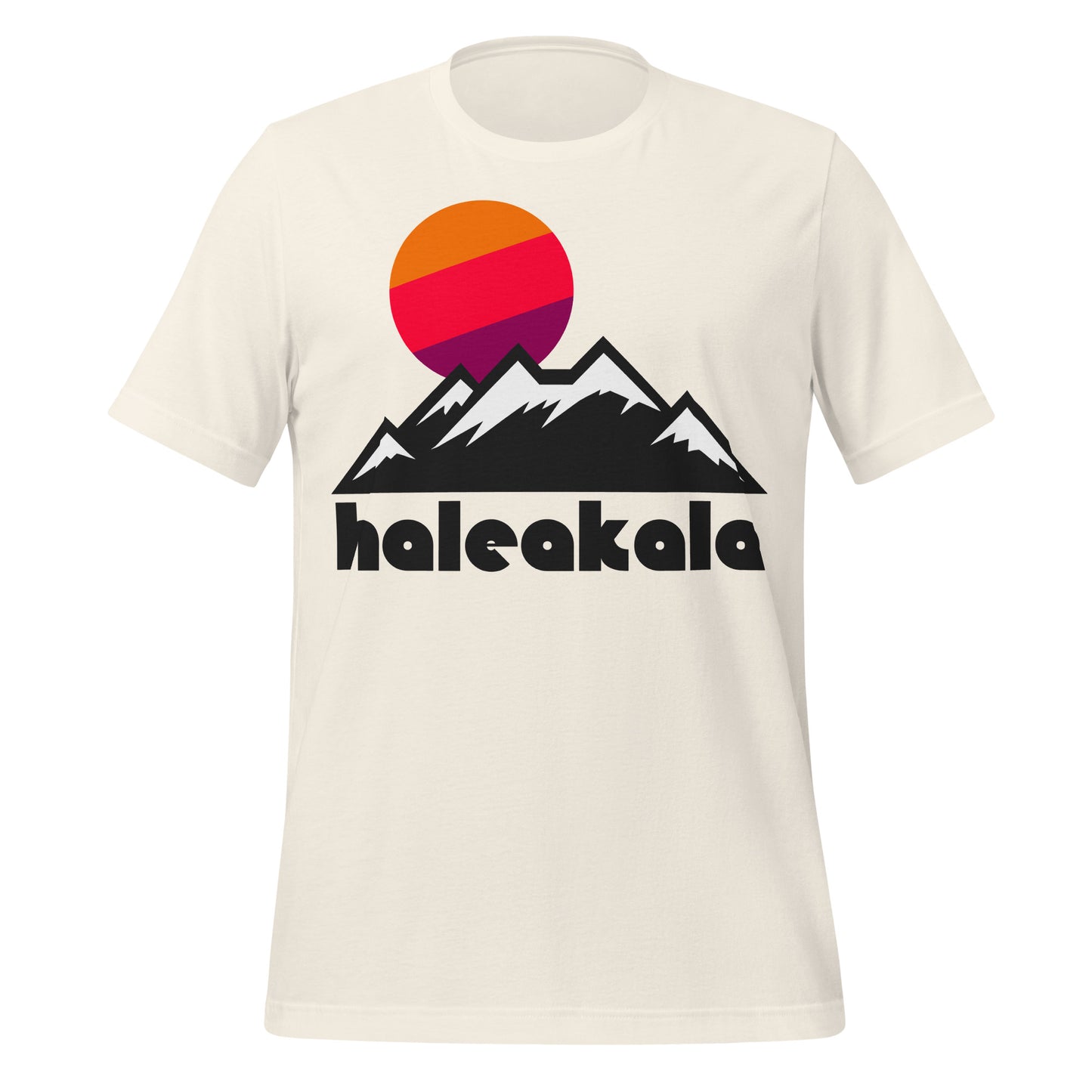 An 80s style, vintage white colored t-shirt that says "Haleakala" and includes the image of a mountain range with snow on the peaks, a bright tricolored sun setting over the peaks. In reference to Maui Island's Haleakalā National Park, including Haleakalā Volcano, Haleakalā Crater, a unique forest called Hosmer's Grove, and animals such as the endangered nēnē bird. 