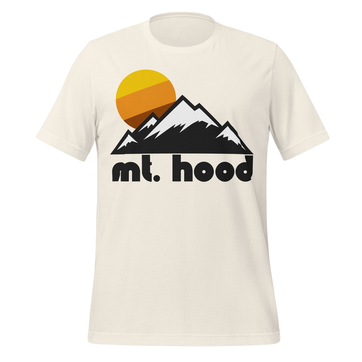 A 70s style vintage white short sleeved t-shirt that reads "Mt. Hood" in bold, black letters under the image of some mountains, their peaks covered in snow, and a rising yellow, orange, and brown sun in the distance. References Mt. hood Meadows, a huge ski resort on Mount Hood in Oregon, in the Cascade Mountain Range, famous for its stunning ski and snowboarding runs and beautiful hiking trails. 