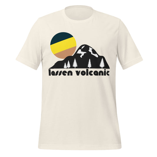 A retro, 70s style vintage white colored Lassen Volcanic National Park t-shirt that has the image of a large mountain with some trees dotting the bottom and a striped colorful sun rising in the distance. In reference to the Californian national park which connects to the Pacific Crest Trail and is famous for its stunning volcanoes and Lassen Peak, hailed as the largest plug dome volcano in the world, a popular tourist destination and beautiful site. 