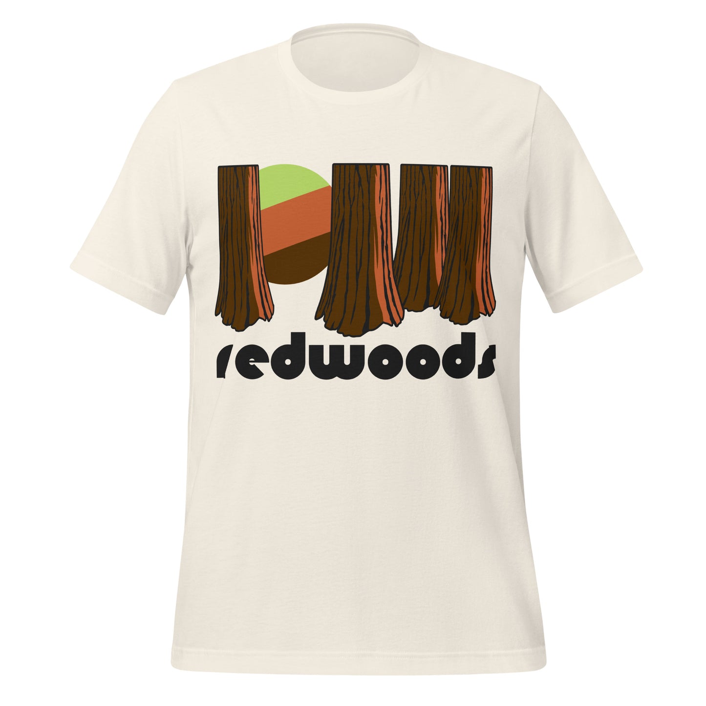 An 80s style vintage white colored Redwoods t-shirt for tourists that has the image of a tricolored sun peaking through multiple huge redwood trees in reference to California's Redwoods National Park, world famous for having the tallest trees. 