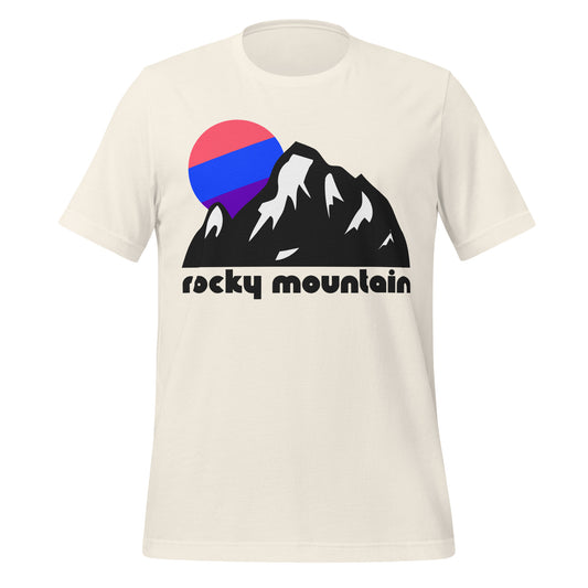 A vintage white colored souvenir t-shirt that says "rocky mountain" under a mountain landscape with snowcapped peaks and a pink/blue/purple sun. References Colorado's Rocky Mountain National Park, one of the most famous national parks and mountain ranges in the world. 