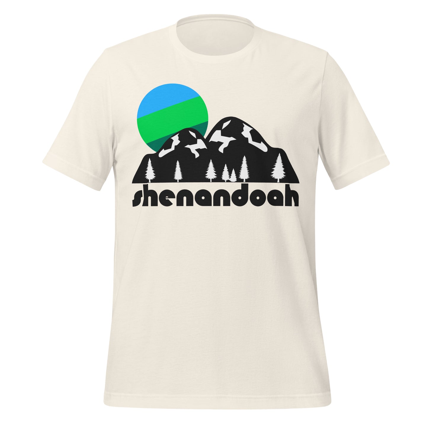 A 70s style vintage white colored t-shirt that says "shenandoah" under the image of mountains and pine trees and a blue/green sun. References Shenandoah National Park in Virginia in the Blue Ridge Mountains, part of the famous Appalachian Trail. 