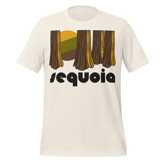 A vintage white colored Sequoia National Park tourist t-shirt that has the image of a sun shining through multiple giant sequoia trees. Located in California, the park includes the largest tree in the world (General Sherman Tree), and also includes stunning sites like the underground Crystal Cava and Moro Rock. 
