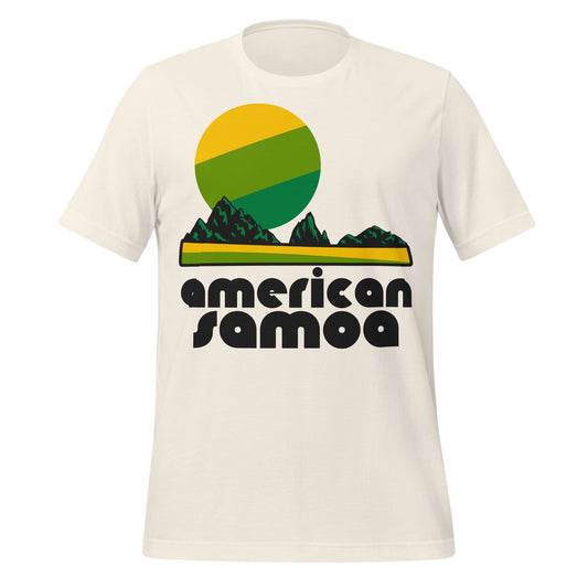 A 70s style retro American Samoa vintage white colored t-shirt with the image of a yellow and green sun looking down over a yellow and green beach and rainforests on mountains. References American Samoa National Park, known for its Indo-Pacific coral reef ecosystem, stunning coral reefs, beaches, and beautiful ocean. 