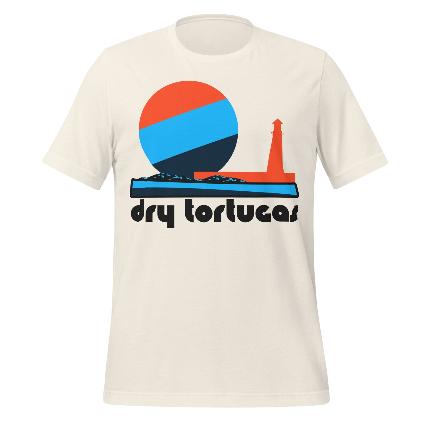 A "Dry Tortugas" vintage white colored retro t-shirt that has a red/blue/navy sun over a red lighthouse, blue mountains, and a blue and navy beach. References Dry Tortugas National Park west of Key West in Florida, accessible only by a boat or a plane, knwon for Fort Jefferson and stunning coral reefs. 