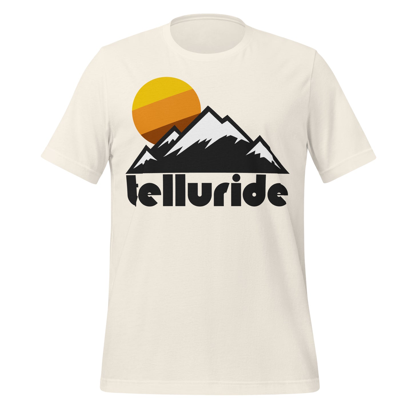 A souvenir, vintage white colored t-shirt that says "telluride" underneath a mountain landscape image with a yellow and orange and brown sun rising. References Telluride Ski Resort, nestled in a box canyon of the San Juan Mountains of the Rocky Mountains, known for skiing and snowboarding and rugged hiking terrain. 