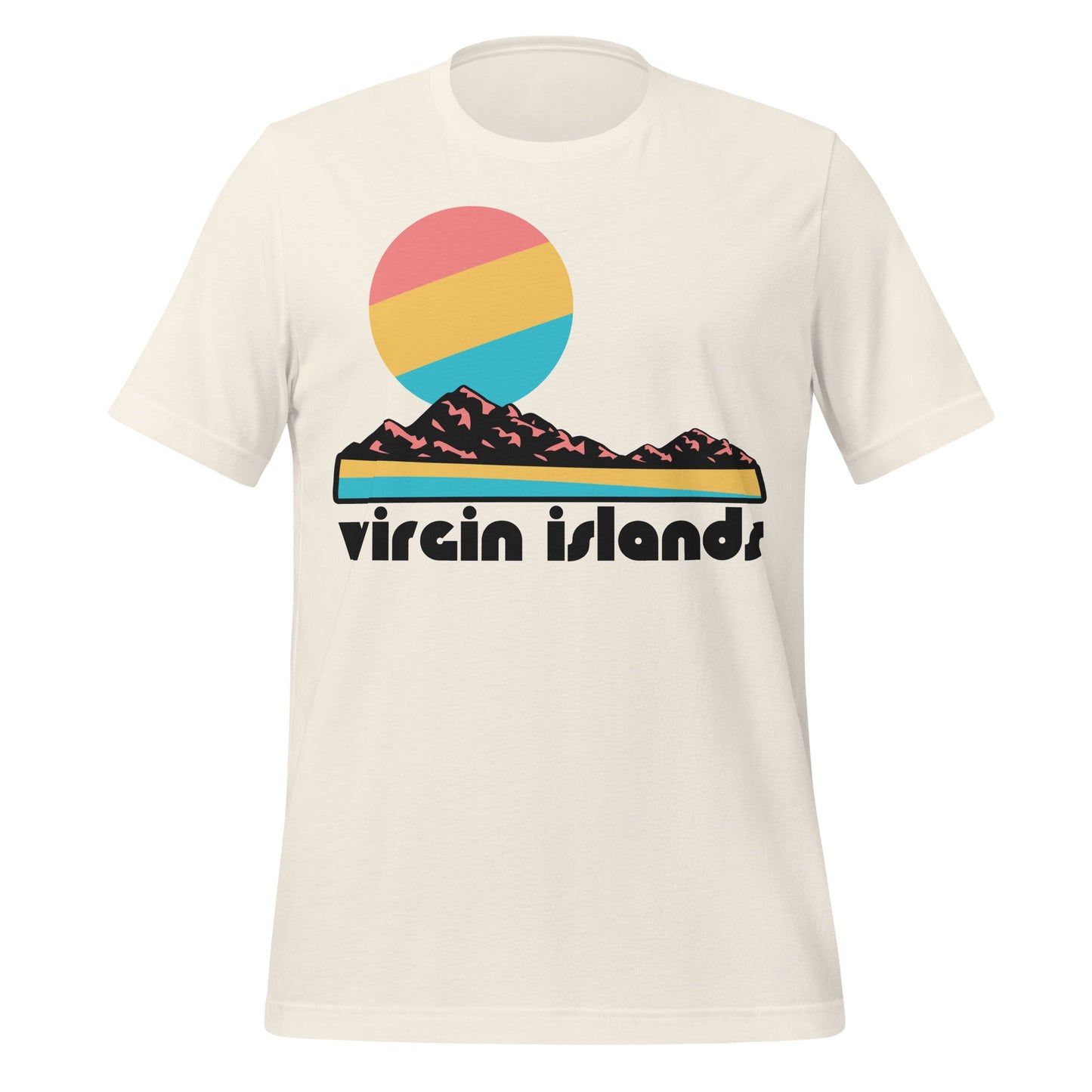 A vintage white colored Virgin Islands 70s style t-shirt with the image of a sandy beach next to turquoise waters, a beautiful rocky landscape, and a pink/yellow/blue sun setting in the distance. References the  Virgin Islands National Park in Saint John, US Virgin Islands, an archipelago in the Atlantic Ocean nearby the Caribbean and Puerto Rico, known for white sand beaches and including St. Thomas Island and St. Croix Island. 