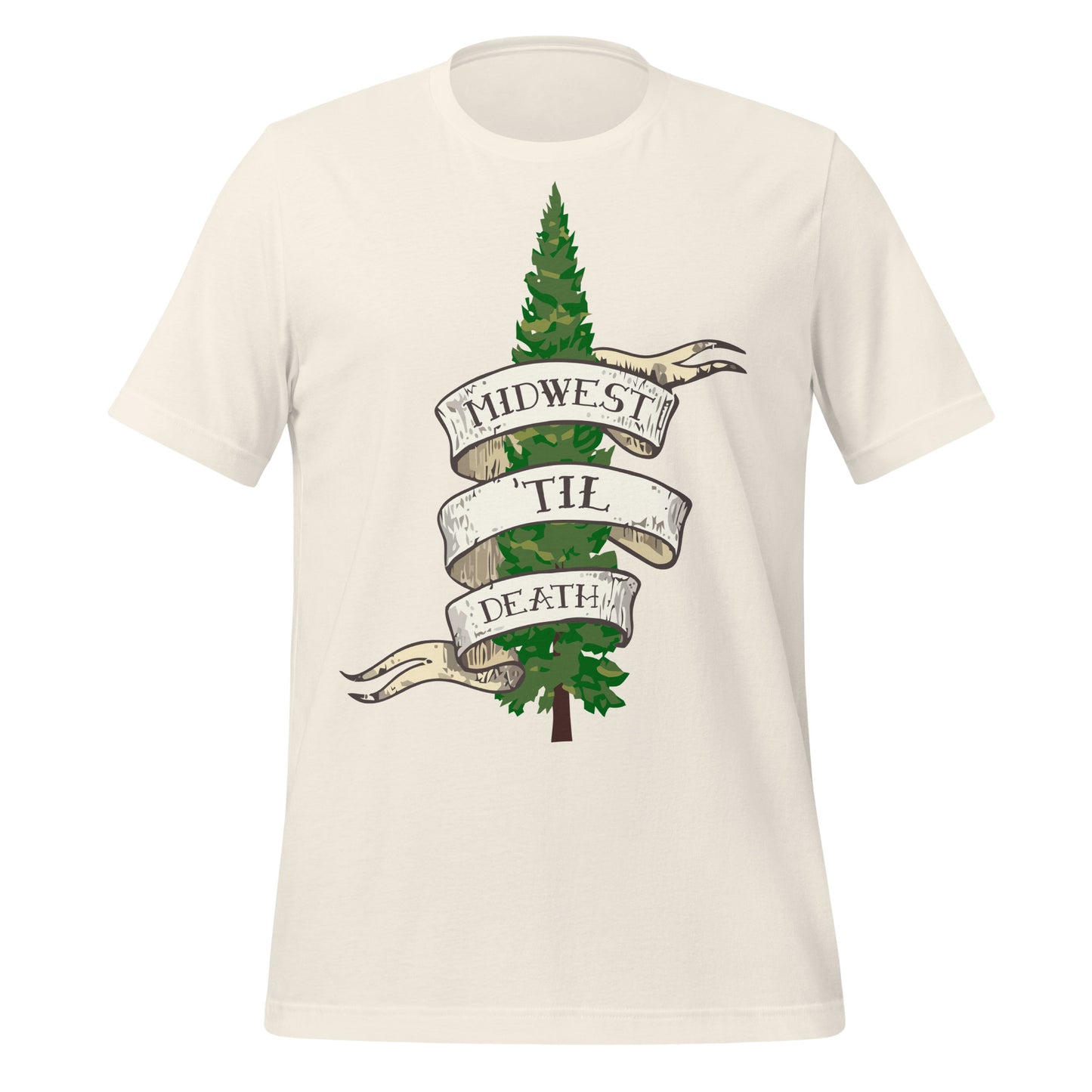 A vintage white colored touristy short sleeve t-shirt that says "Midwest 'Til Death" on a retro style banner wrapped around an evergreen, triangular tree often found in forests in the Midwest. 