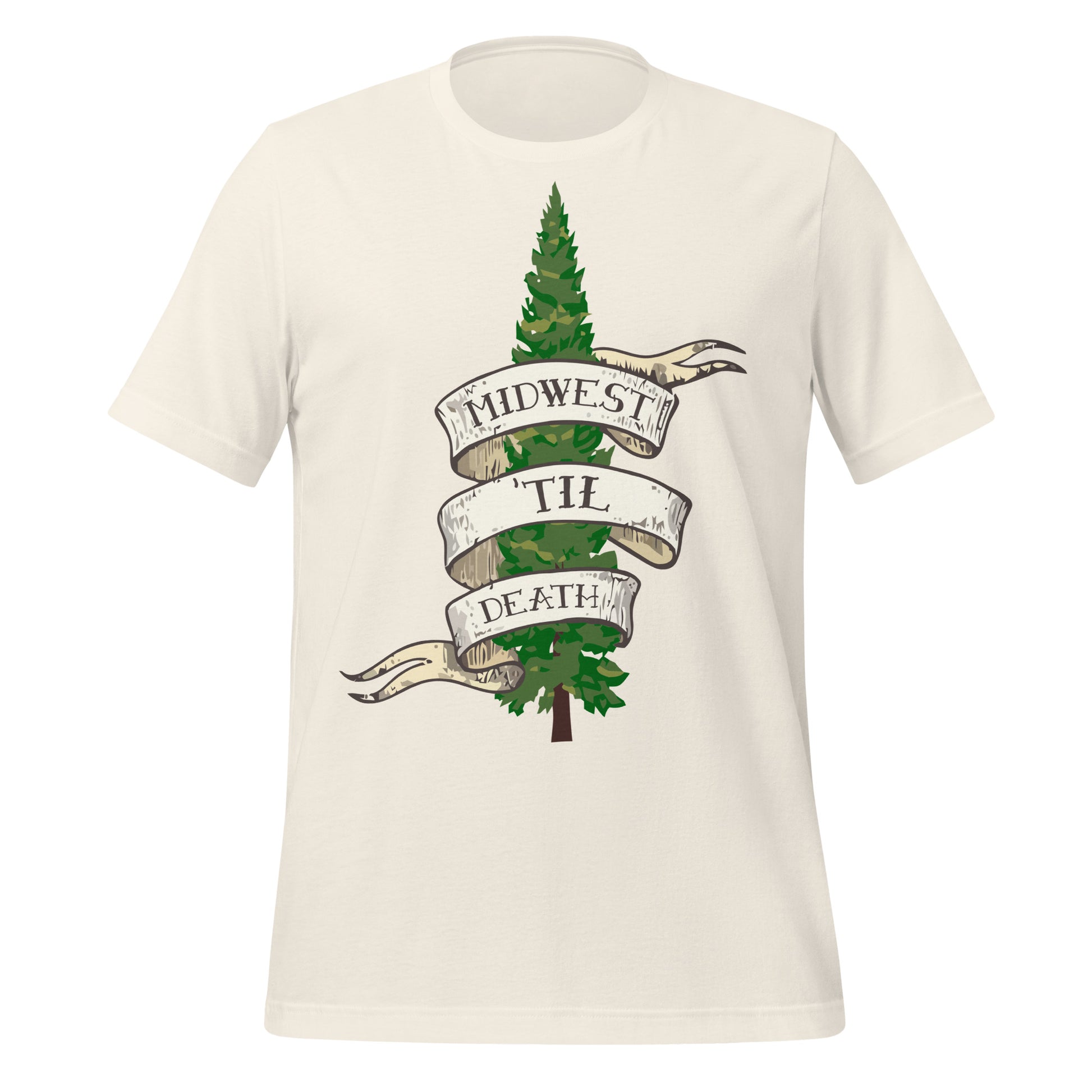 A vintage white colored touristy short sleeve t-shirt that says "Midwest 'Til Death" on a retro style banner wrapped around an evergreen, triangular tree often found in forests in the Midwest. 