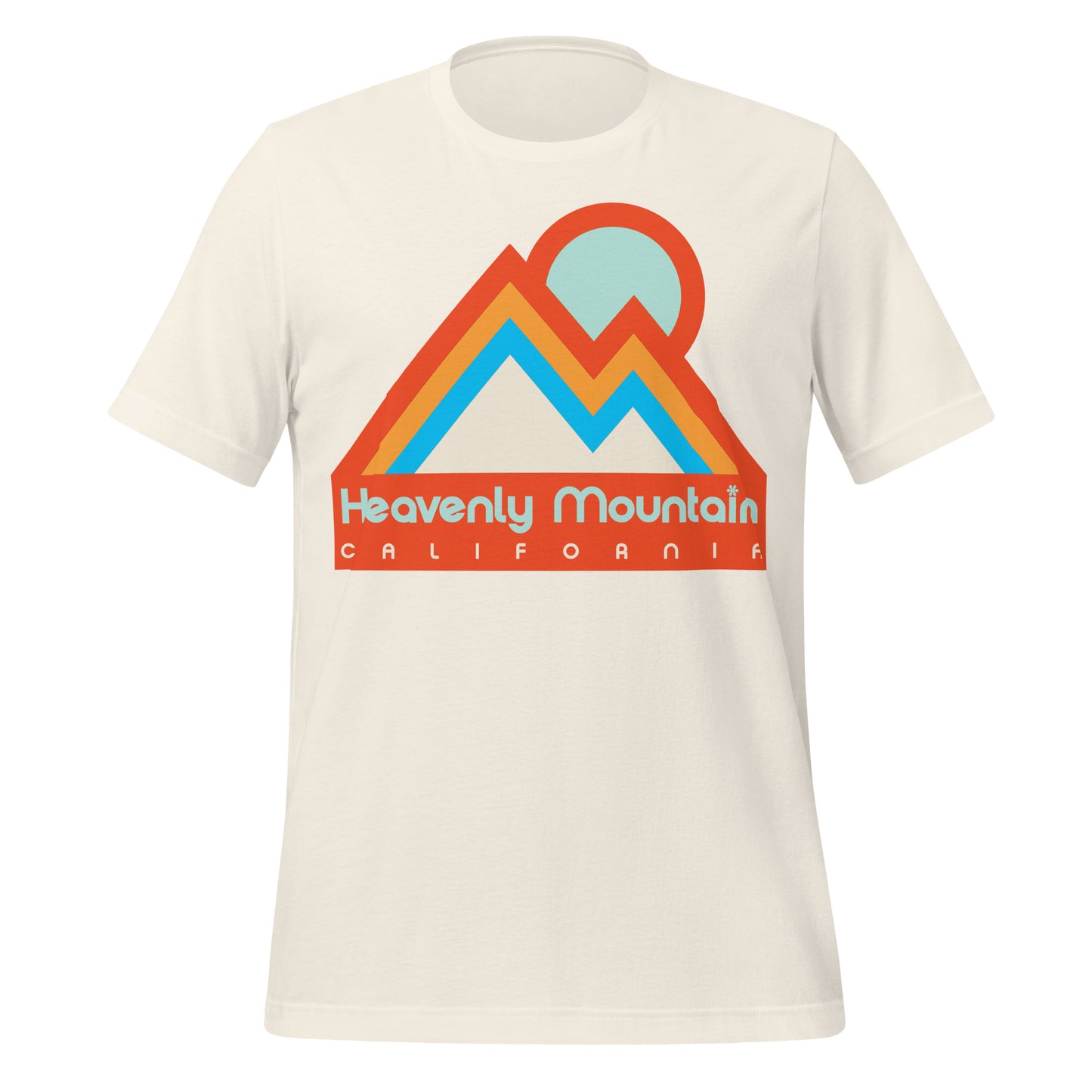 A retro white colored Heavenly Mountain 70s style t-shirt with an representation of the Sierra Nevada mountains in orange and blue shades with a setting sun. References the Heavenly Mountain Ski Resort in the Lake Tahoe region of California.