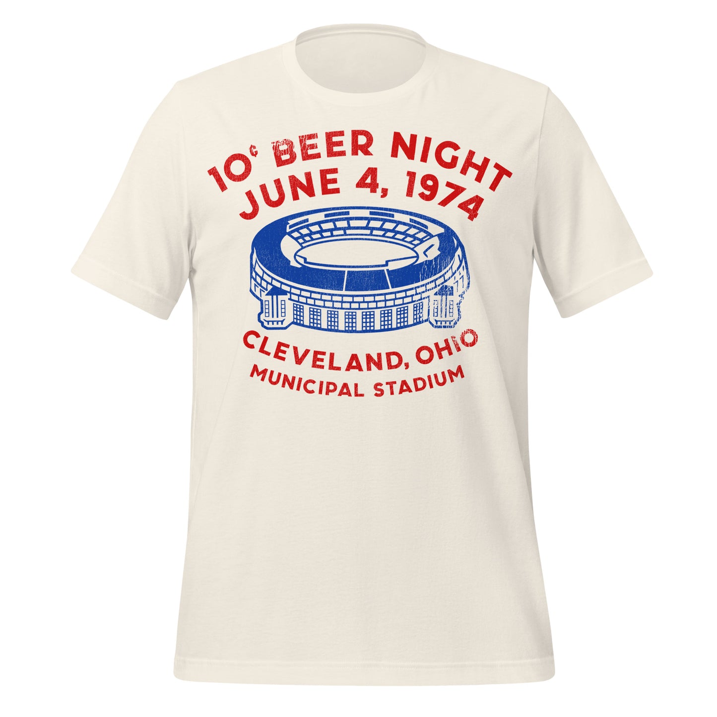 A vintage white colored retro t-shirt that says "10¢ Beer Night", the legendary promotion for the Indians vs. Rangers MLB game at the Cleveland, Ohio Municipal Stadium on June 4, 1974. Image of the stadium in blue. Shirt is red and navy blue, representative of the Cleveland Indian baseball team's colors.  