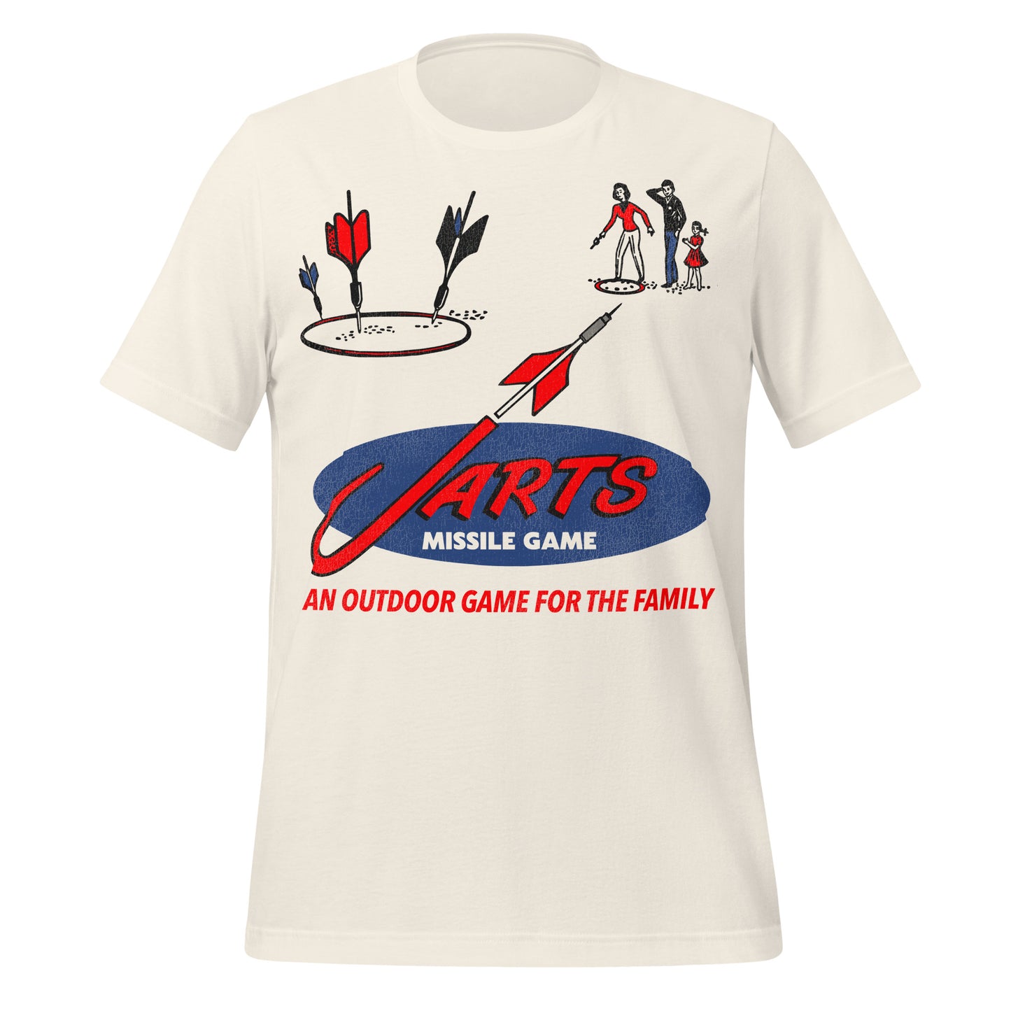 A J Arts Missile Game t-shirt in vintage white. Says "An outdoor game for the family". Images of red, blue, and black darts and a father, mother, and daughter playing lawn darts. 