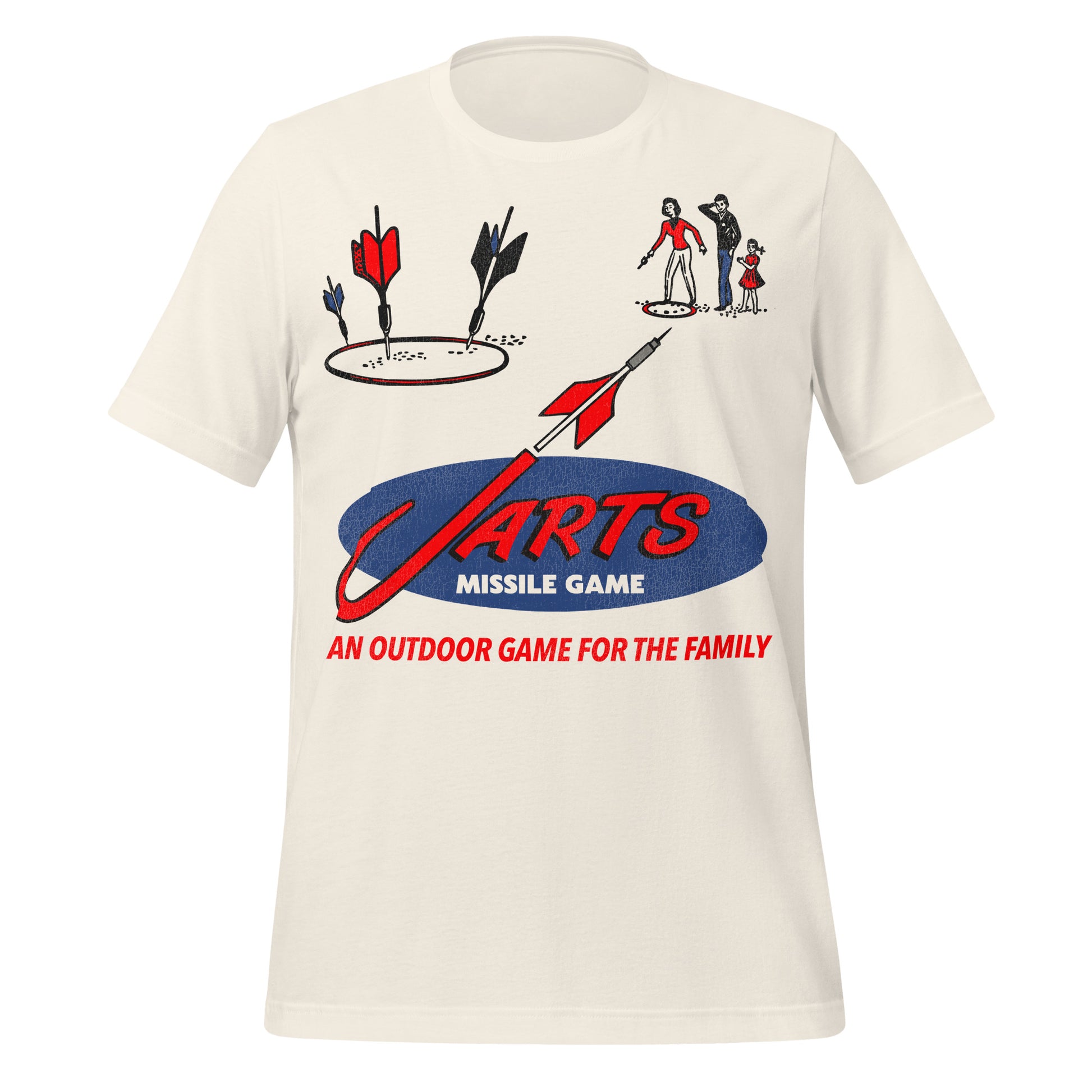 A J Arts Missile Game t-shirt in vintage white. Says "An outdoor game for the family". Images of red, blue, and black darts and a father, mother, and daughter playing lawn darts. 