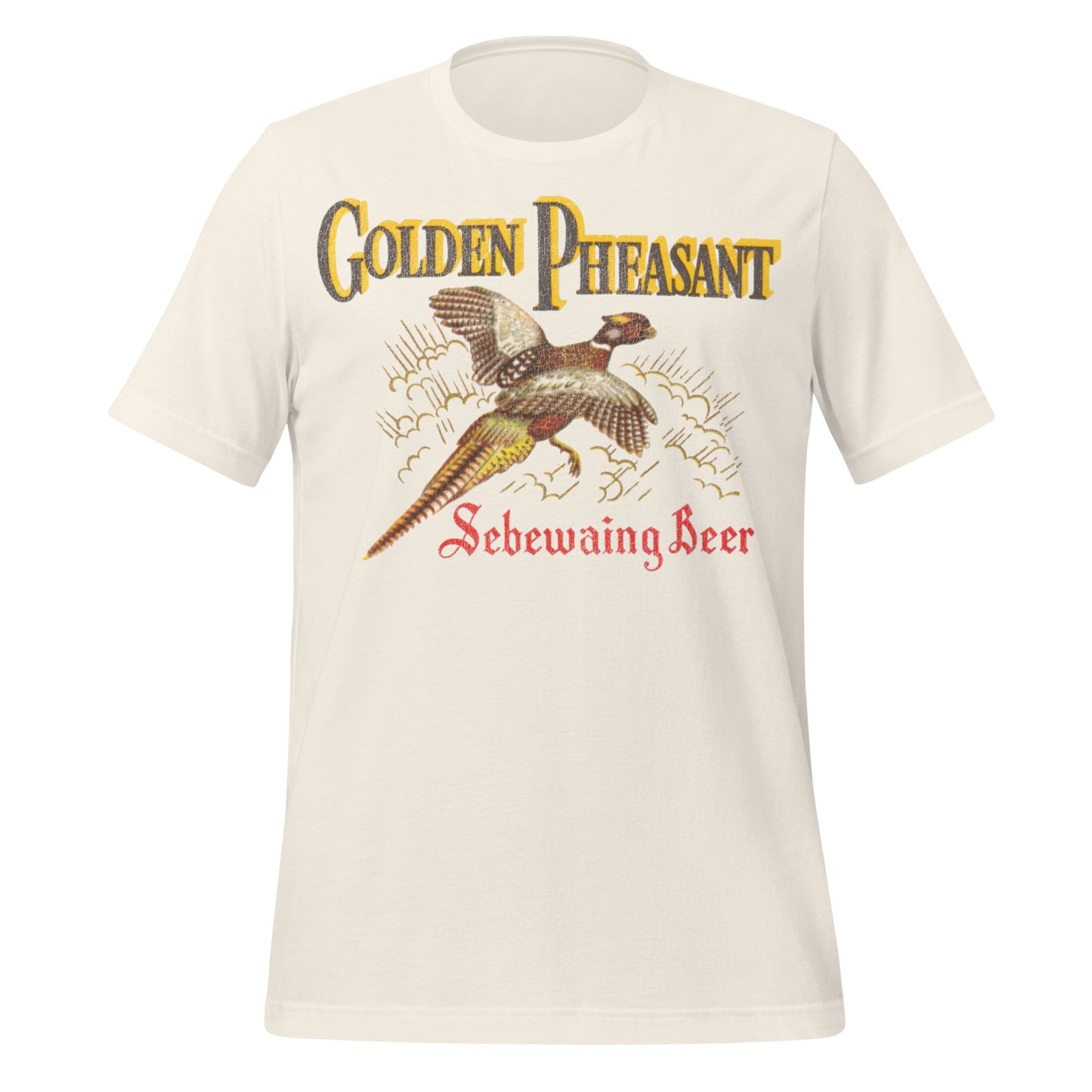 A Golden Pheasant white t-shirt that says Sebewaing Beer. Has the famous vintage beer label of a golden pheasant flying. From the 1958-1964 brewing company. 