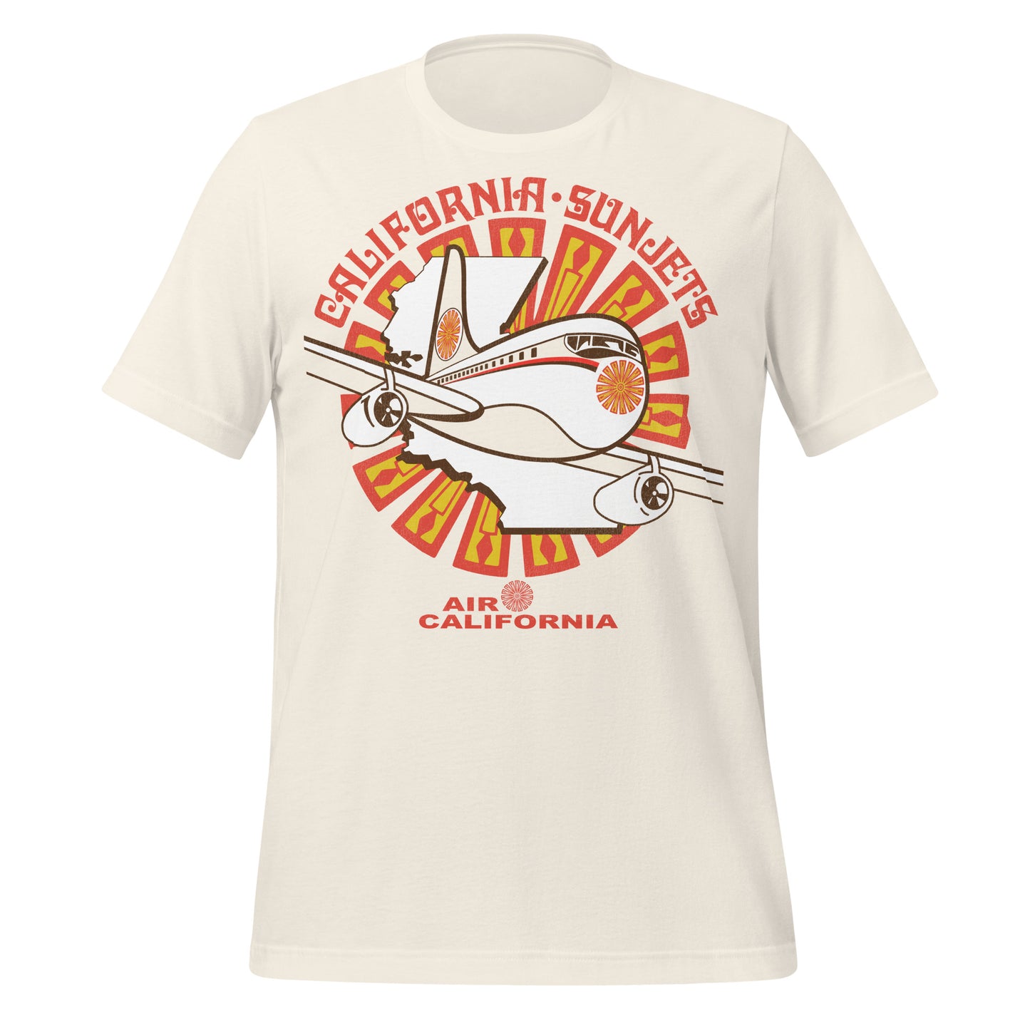 A retro vintage white colored t-shirt that says California Sunjets and Air California with an airplane flying over the outline of the state of CA and over the logo of CalAir. 