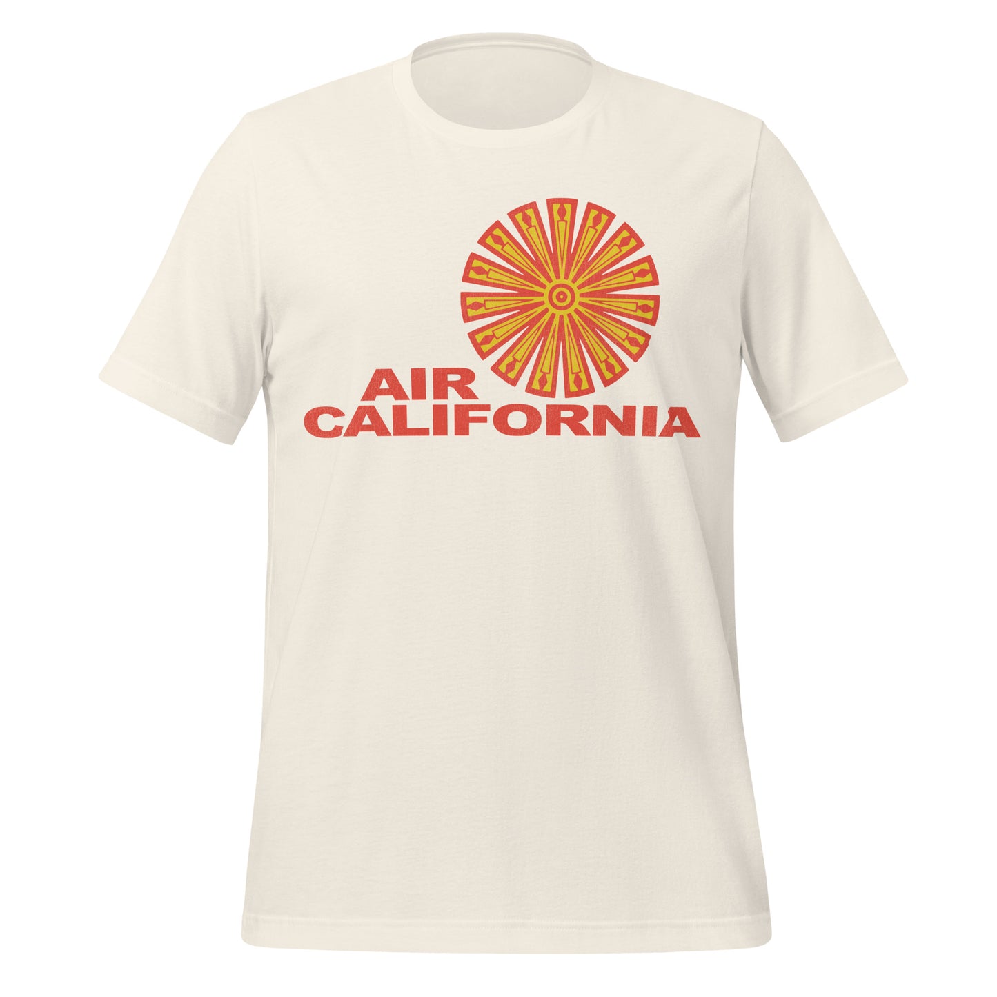 An 80s style retro white t-shirt that has the Air California logo with a spiraled yellow and orange object with circles, triangles, and diamonds. 