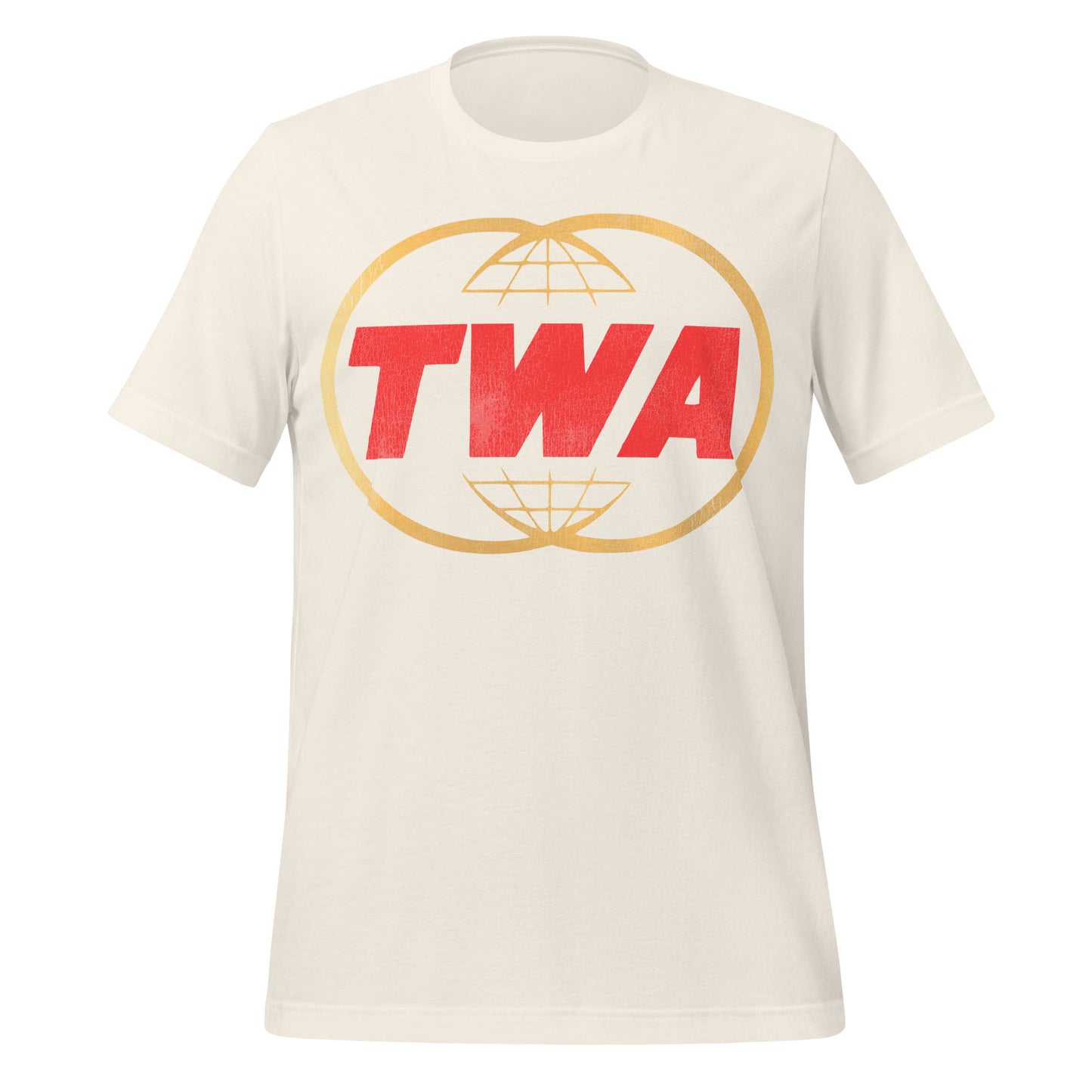 A vintage white colored tourist t-shirt with the Trans World Airlines logo, red block letters "TWA" and two overlapping gold circles. 
