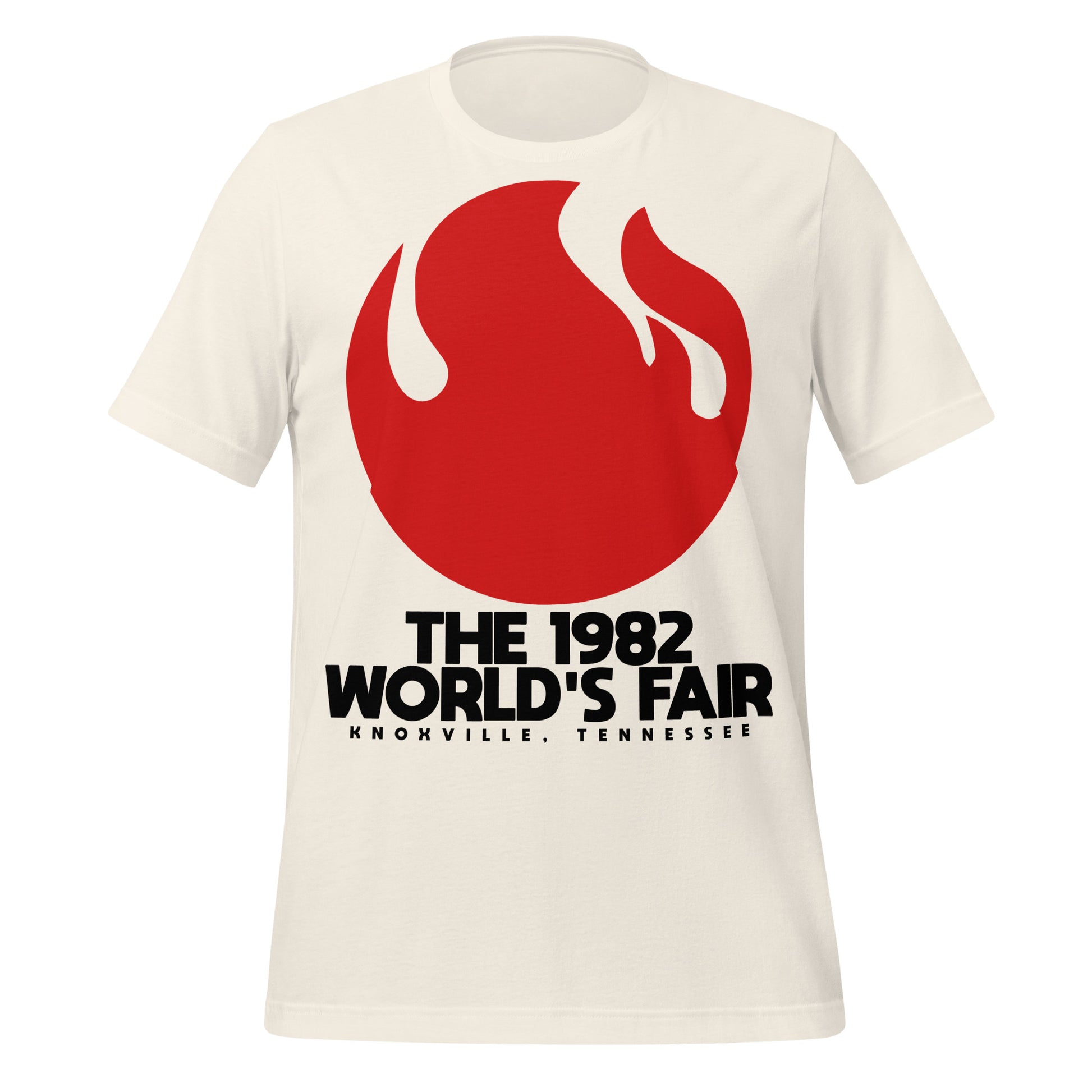 A throwback vintage white colored short sleeve t-shirt with a huge red flame that reads "The 1982 World's Fair" in "Knoxville, Tennessee". 