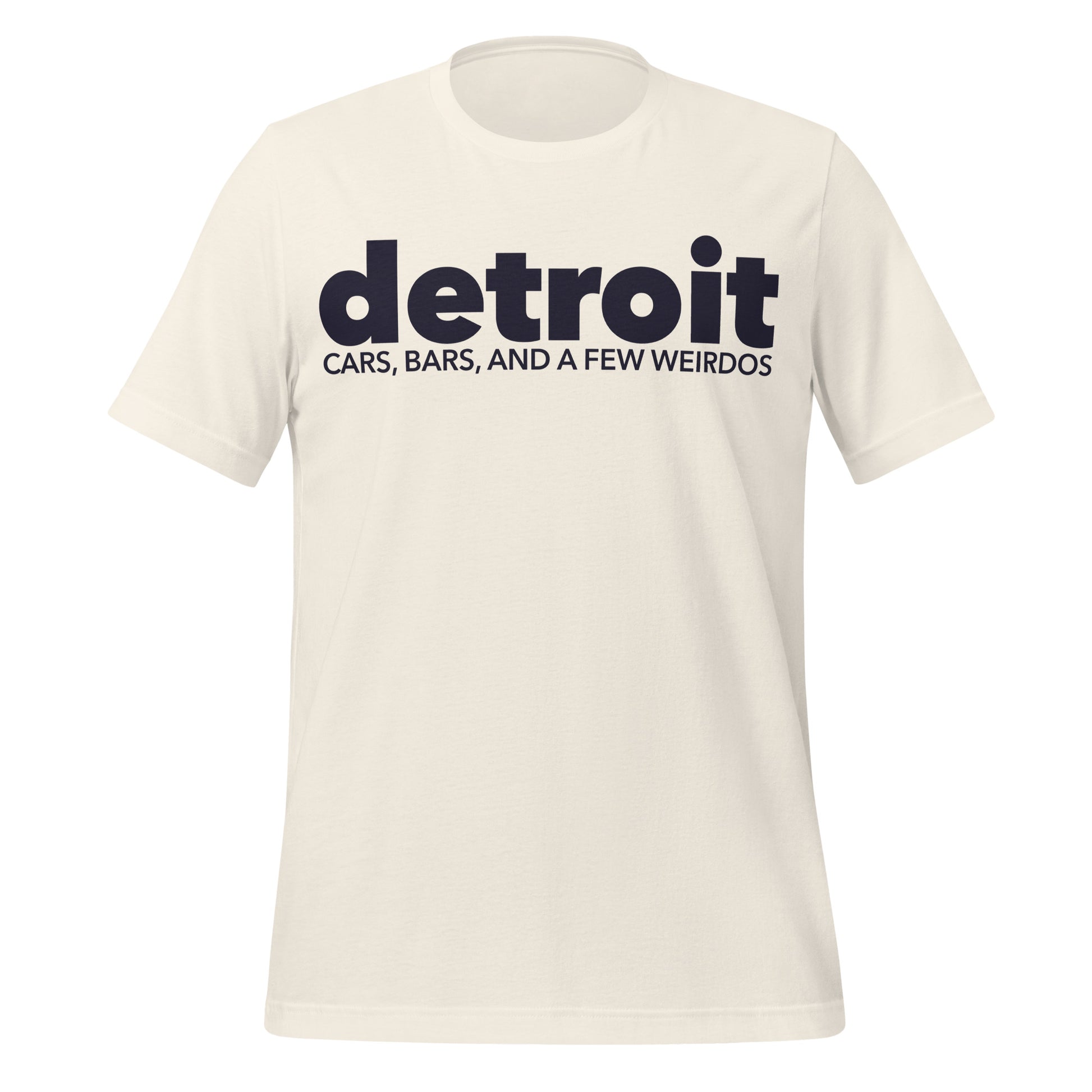 A vintage white short sleeve tshirt with the words "Detroit" and "Cars, Bars, and a Few Weirdos", about Detroit, Michigan. 
